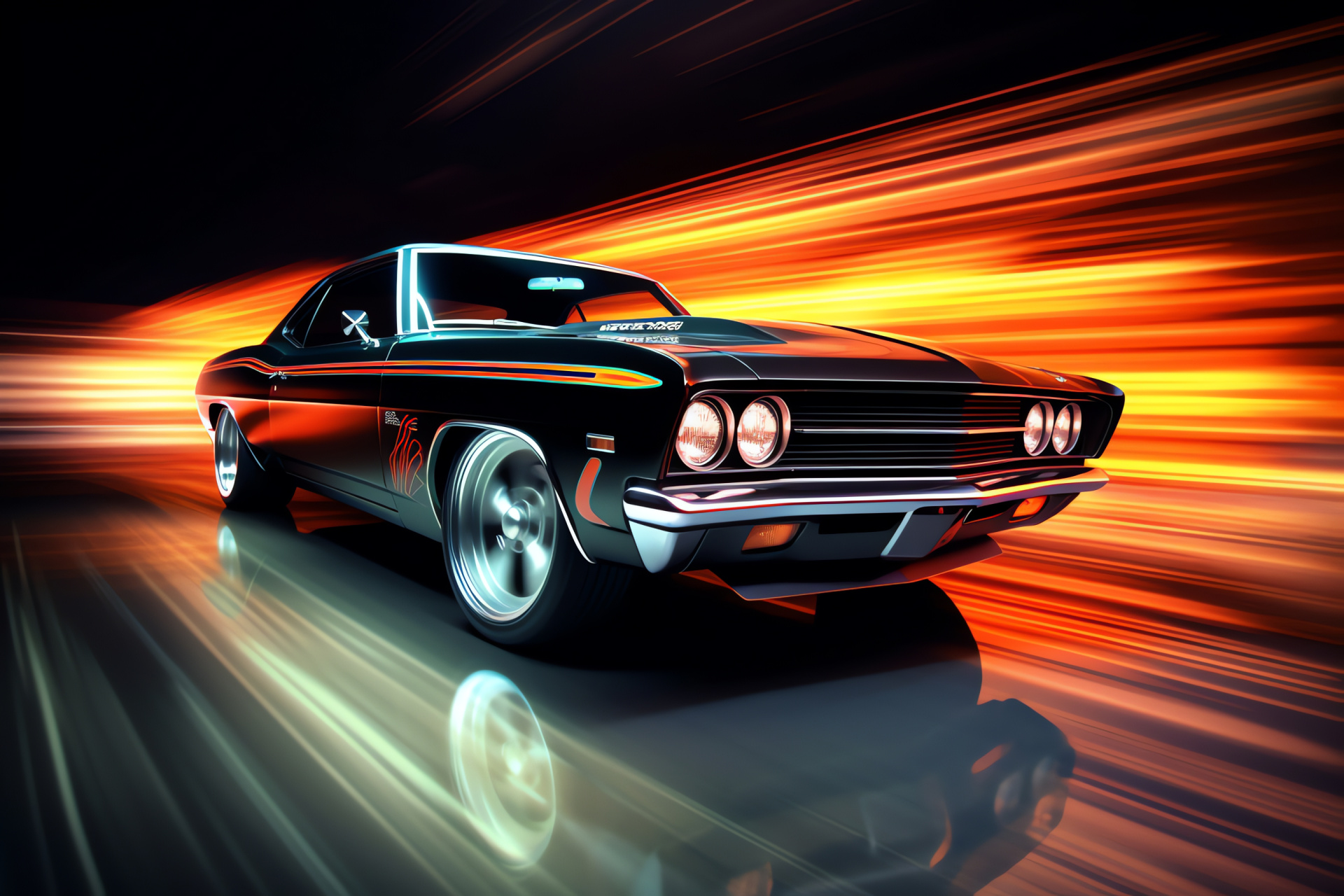 Muscle Cars HD, Classic model showcase, Shiny ebony coat, Broad framework, Timeless appeal, HD Desktop Image