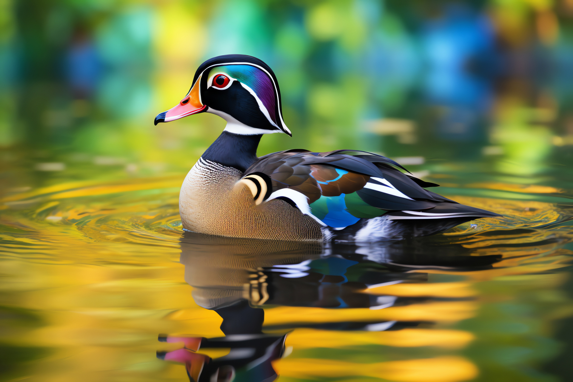 Waterfowl elegance, Aix sponsa, Reflective waters, Bird in repose, Dual-toned background, HD Desktop Image