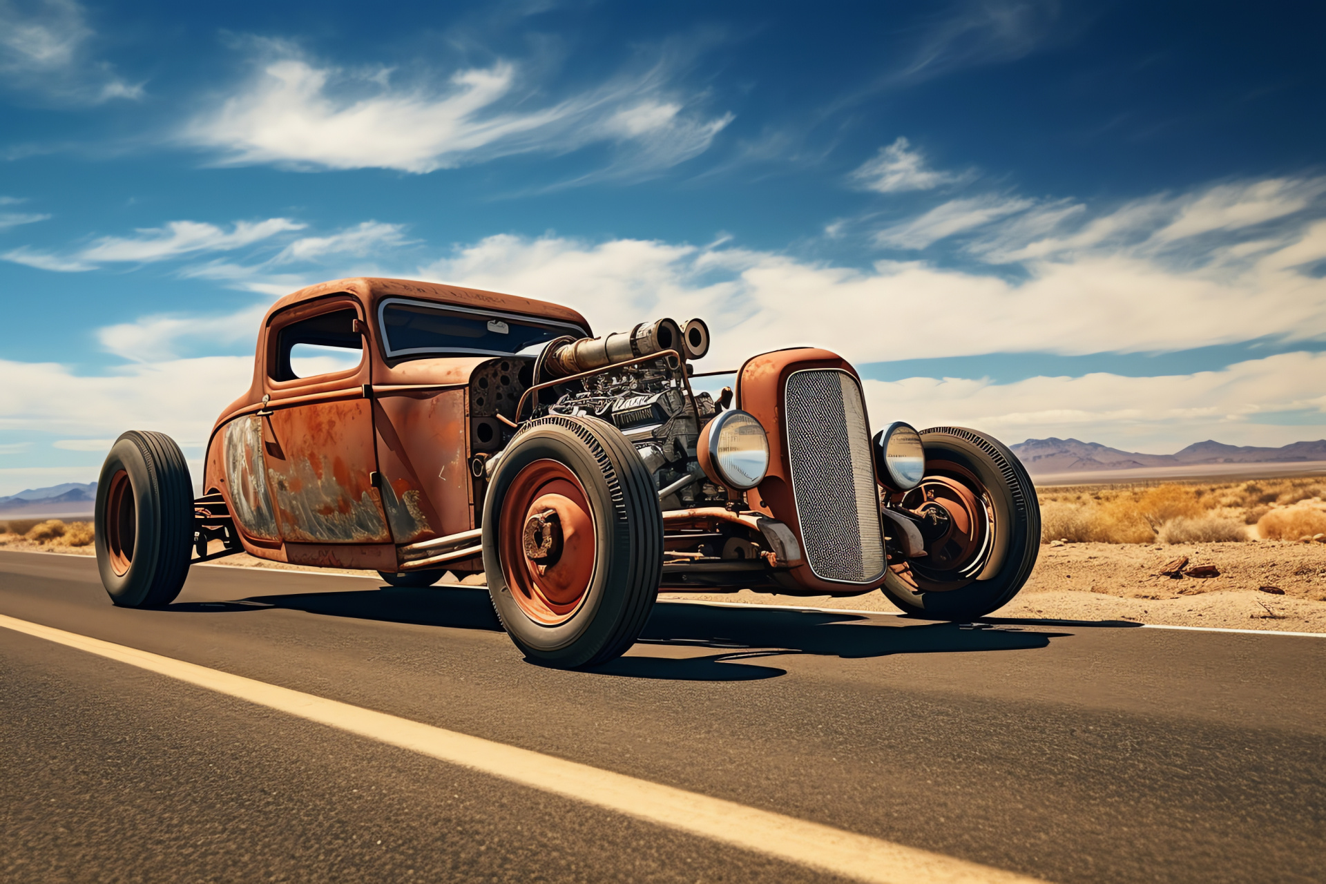 Route 66 Rat Rod, Red Painted Classic, Nostalgic White Tires, Automotive Journey, Cultural Icon, HD Desktop Image