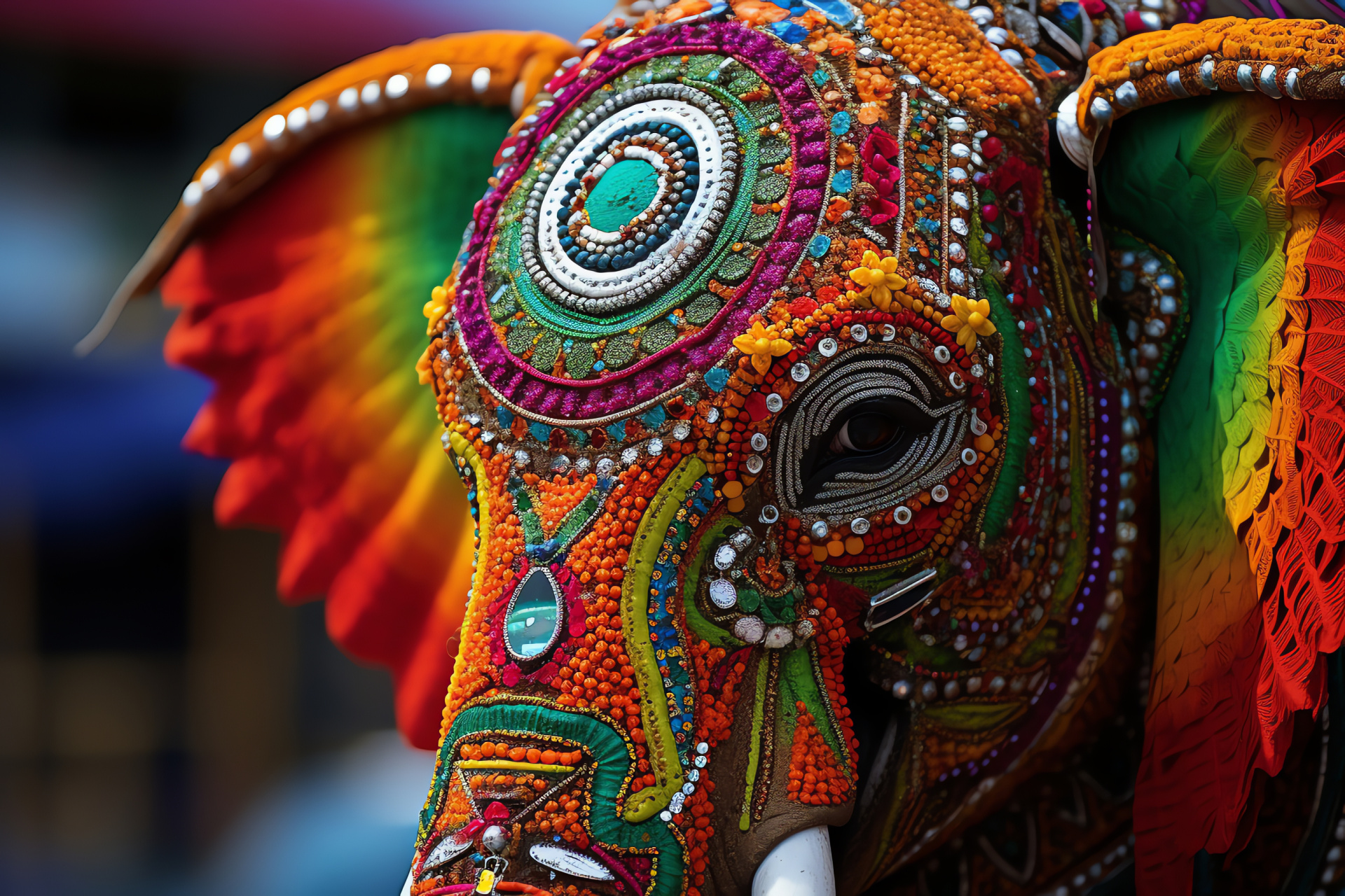 Colorful tribal Elephant, Exotic mammal depiction, Artistic wildlife portraiture, Vivid backdrop accents, HD Desktop Wallpaper