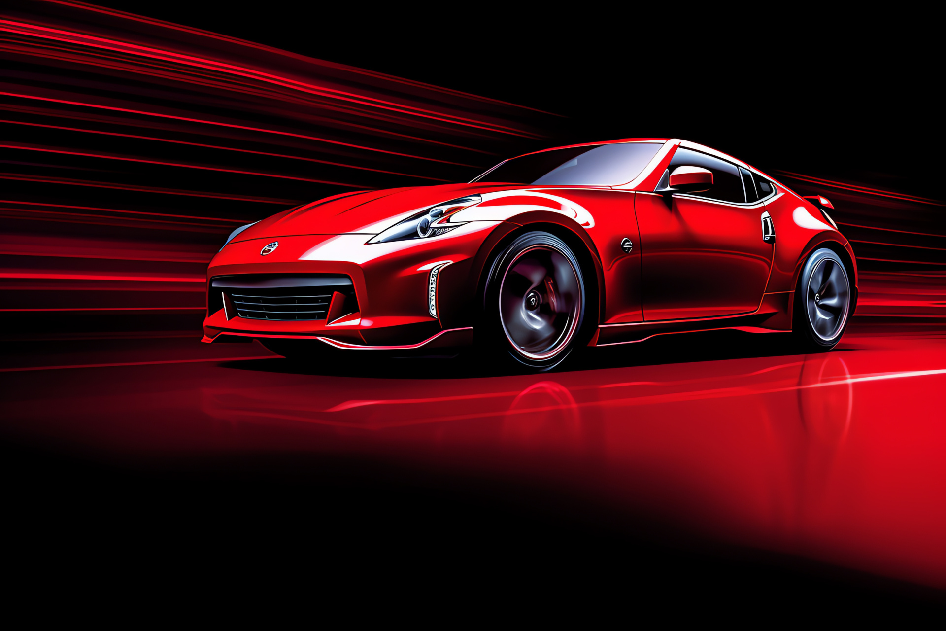 Performance sports car, Downward shot, Crimson against black, Luminous contour, Automotive design, HD Desktop Image