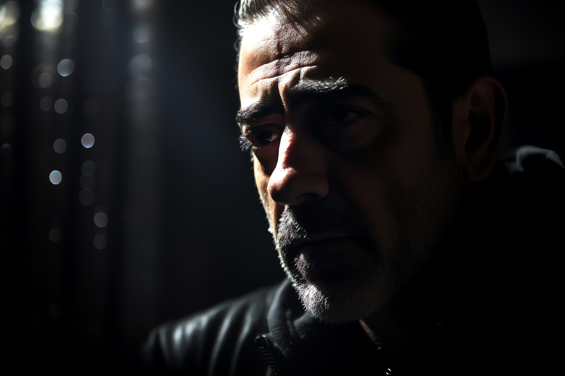 Vulnerable Negan aspect, Walking Dead series, dimly spotlight, character introspection, moody atmosphere, HD Desktop Image