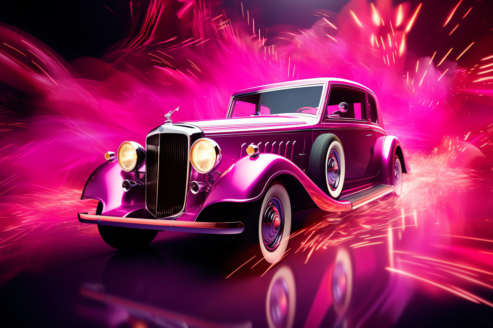 Vintage pink automobile, Particle effect aura, Car abstract patterns, Timeless auto beauty, Surrealism in auto art, HD Desktop Image