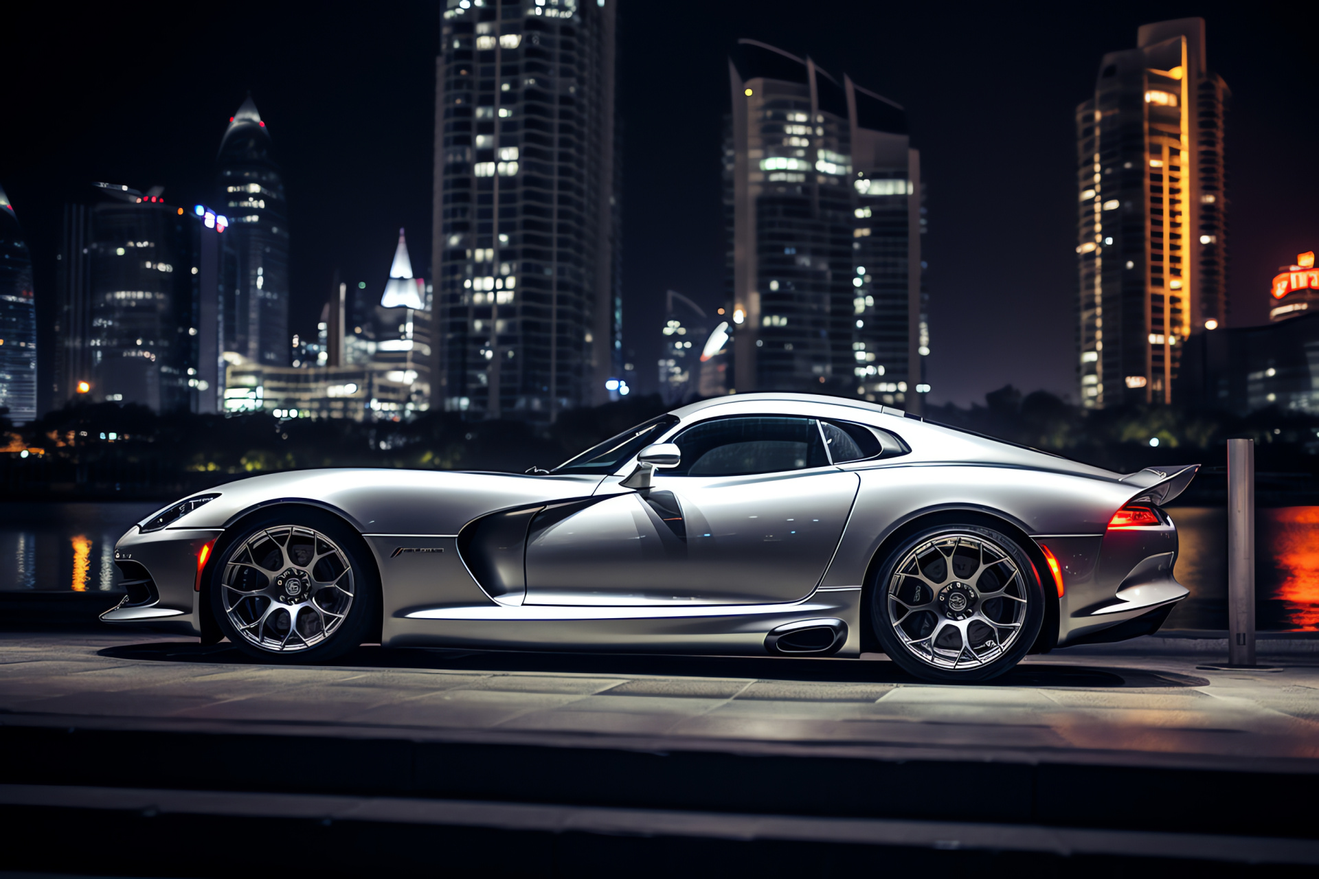 SRT Viper, Dubai lifestyle, Exclusive GTS-R edition, Glittering silver finish, Burj Khalifa night view, HD Desktop Image