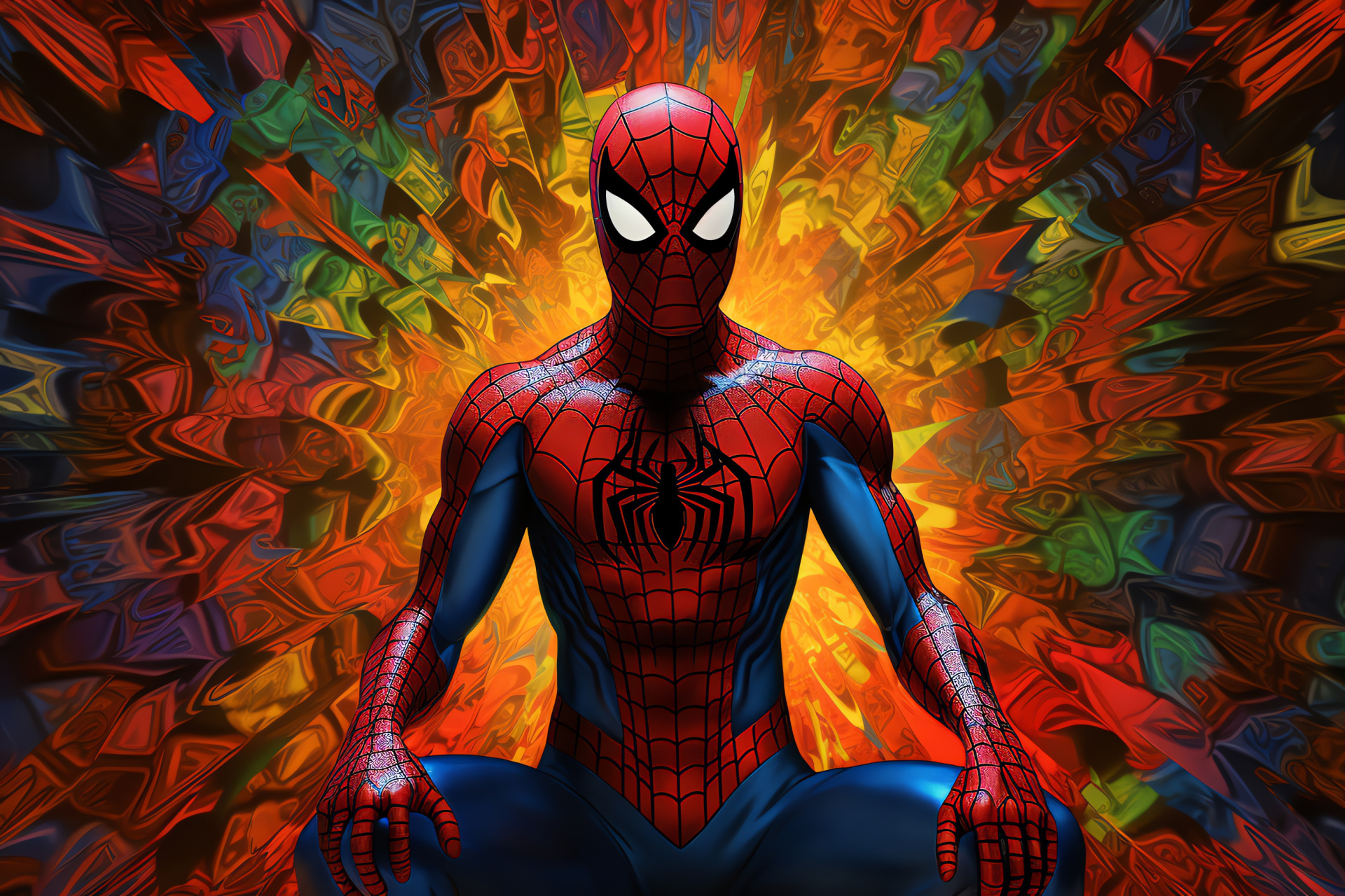 Peter Parker, Spider-Man, assertive stance, ornate patterns, superhero narrative, HD Desktop Image