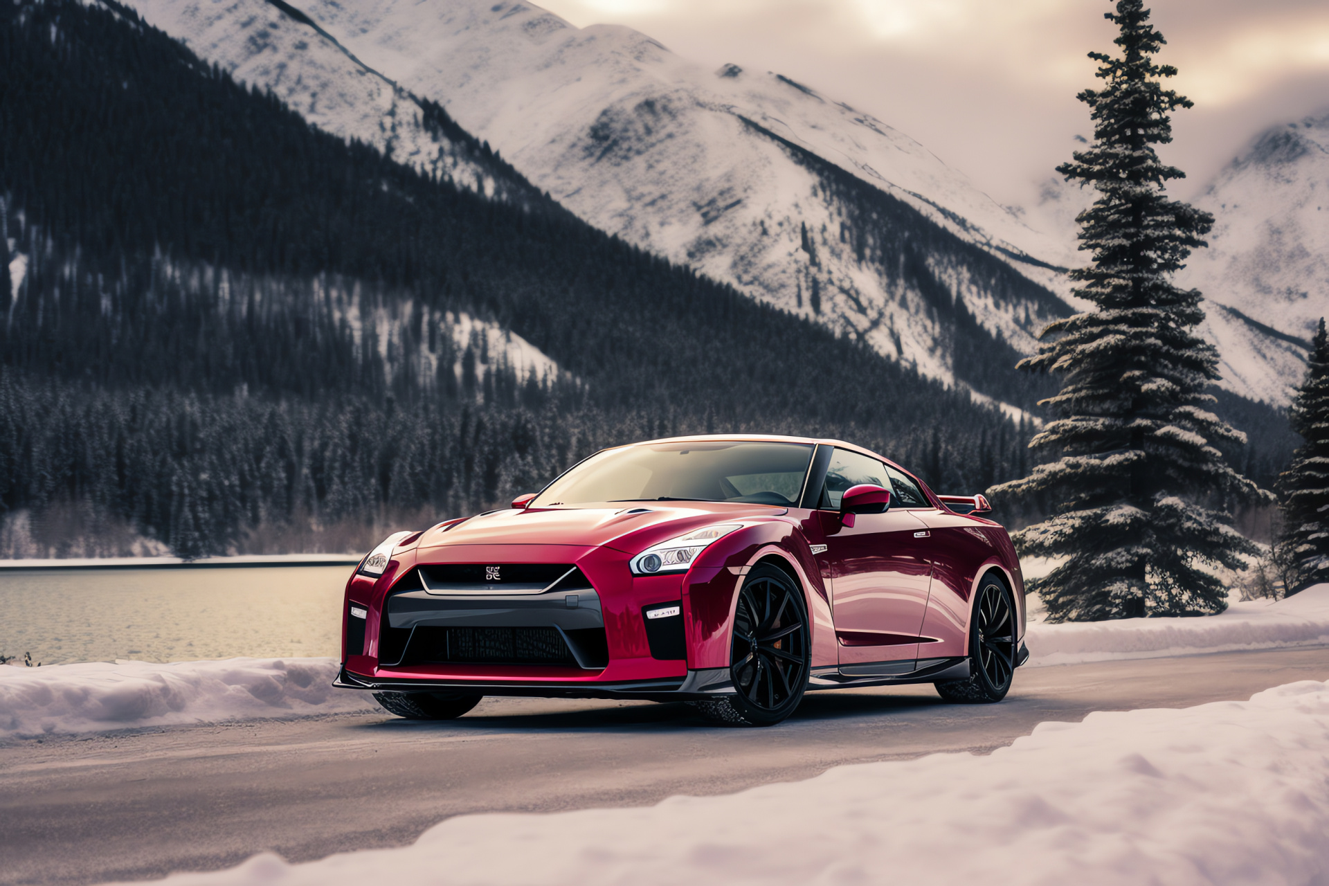 Nissan GTR Canadian journey, Rocky mountains, Limited Edition model, Ebony car shade, Snow-clad surroundings, HD Desktop Wallpaper