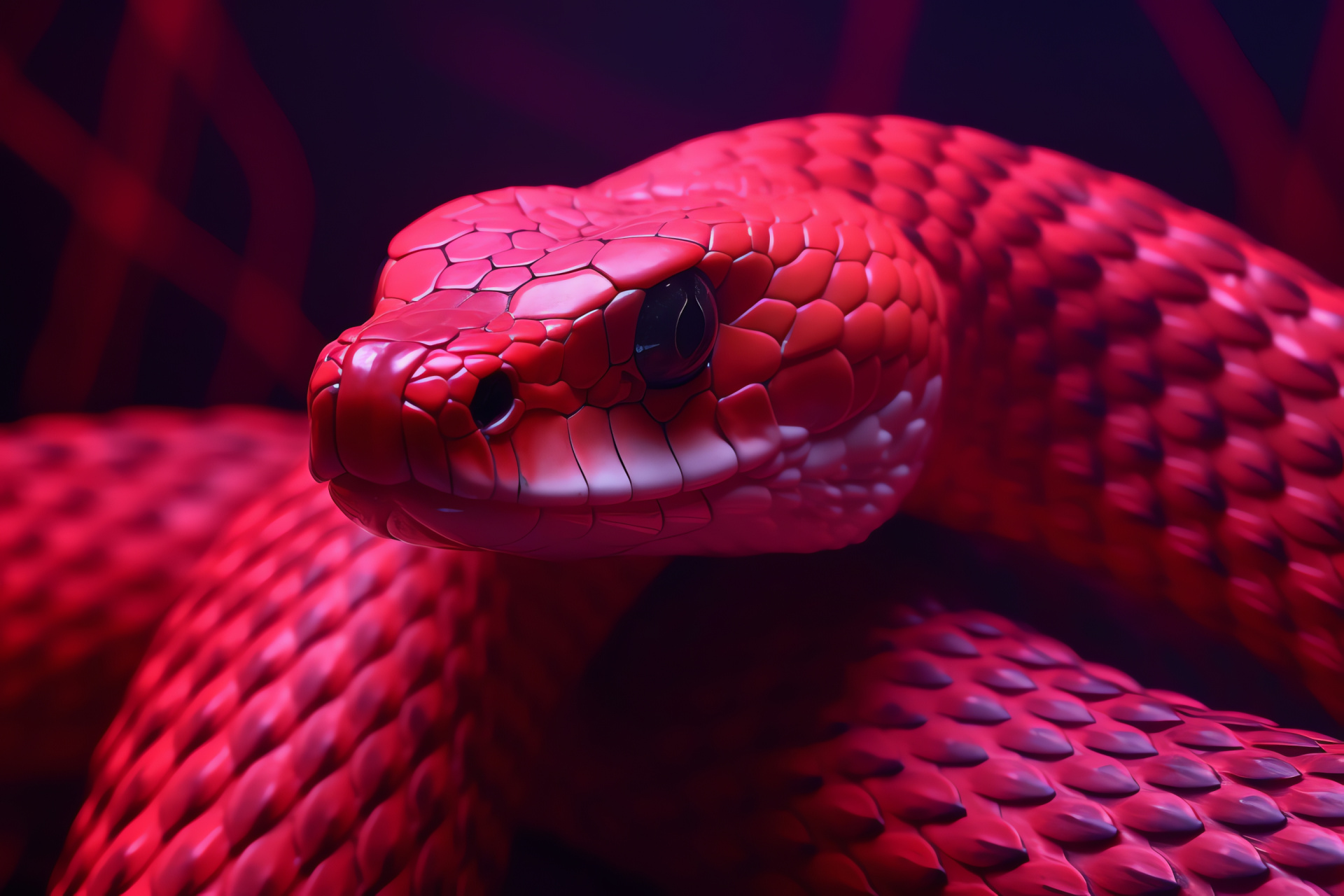 Serpentine creature, fluorescent pink reptile, intense crimson, striking vividness, minimalistic setting, HD Desktop Wallpaper