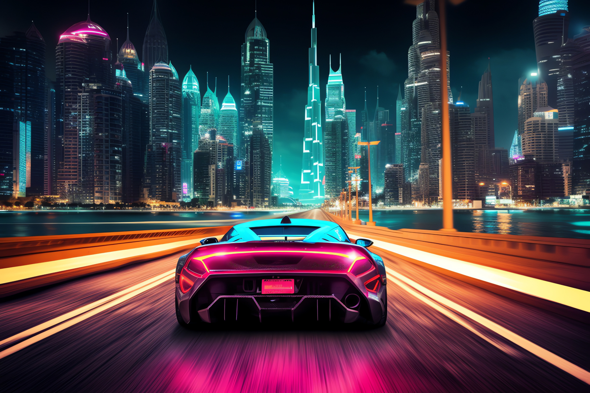 Electric neon auto, UAE skyline, luminous roads, architectural lights, metropolitan buzz, HD Desktop Image