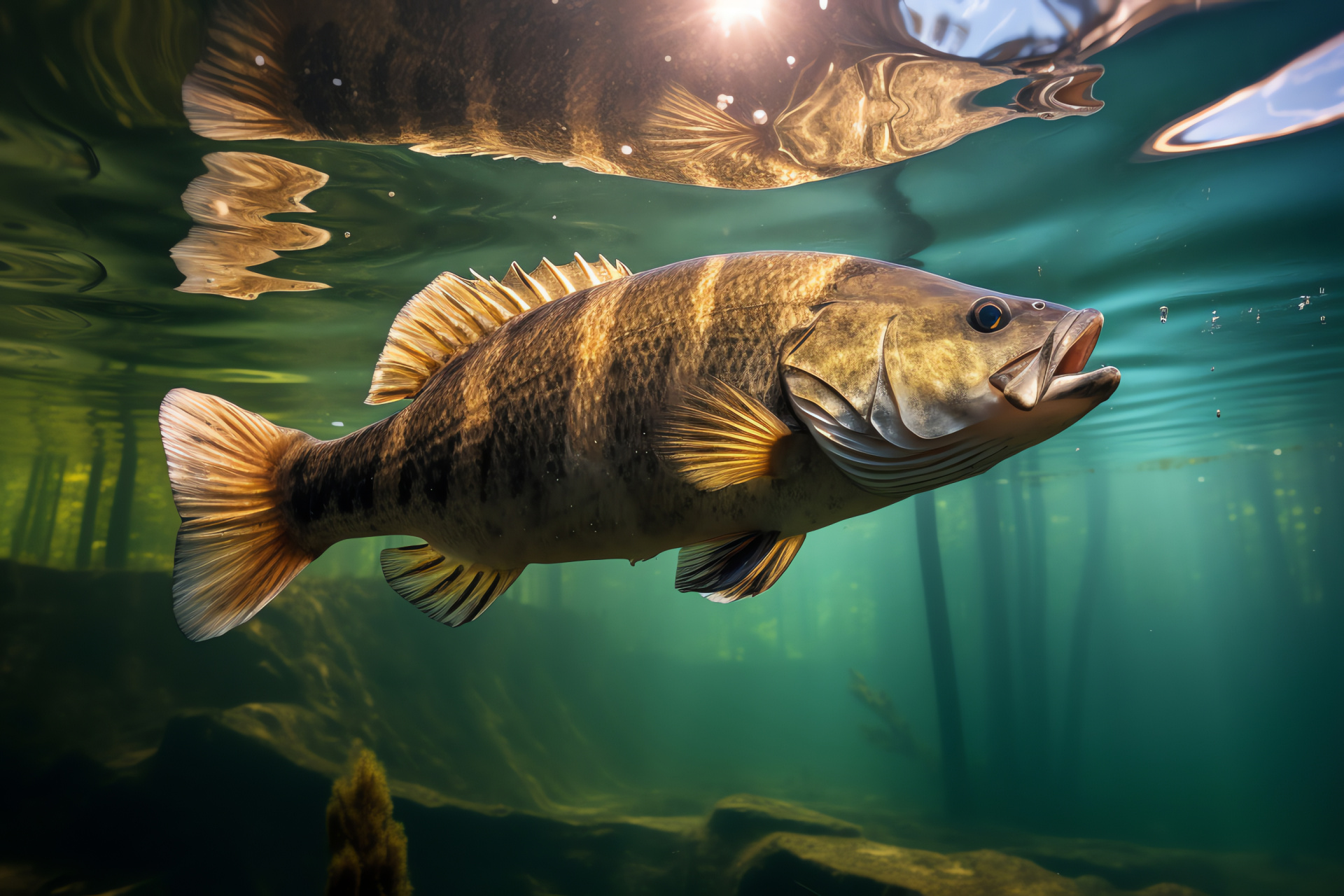 Freshwater Smallmouth Bass, Aquatic sport fish, Brown-eyed, Dotted pattern, Natural waterbody habitat, HD Desktop Image