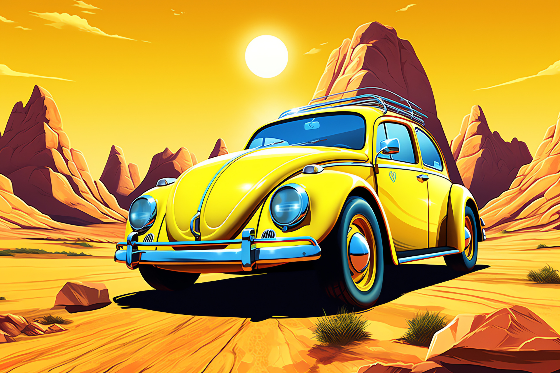 Vintage Volkswagen Beetle, 1963 model, Extraterrestrial terrain, Car photography, Yellow classic car, HD Desktop Image