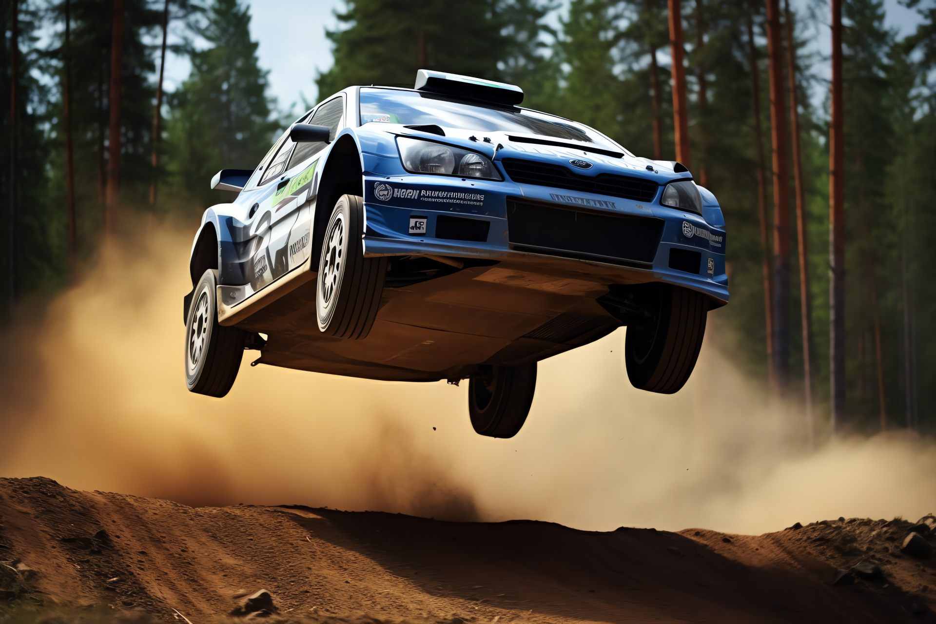 Rally Car airborne, Rally Finland jump, Shock absorption, Patriotic insignia, Rally racing action, HD Desktop Image