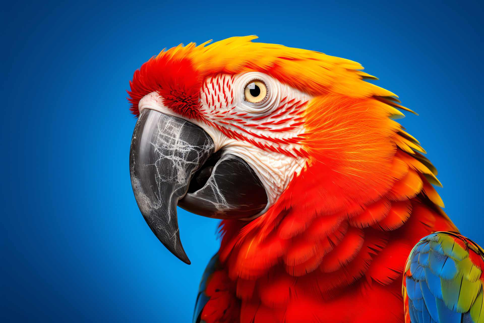 Amazonian Parrot, golden plumage, charismatic pose, crimson expanse, avian grace, HD Desktop Wallpaper
