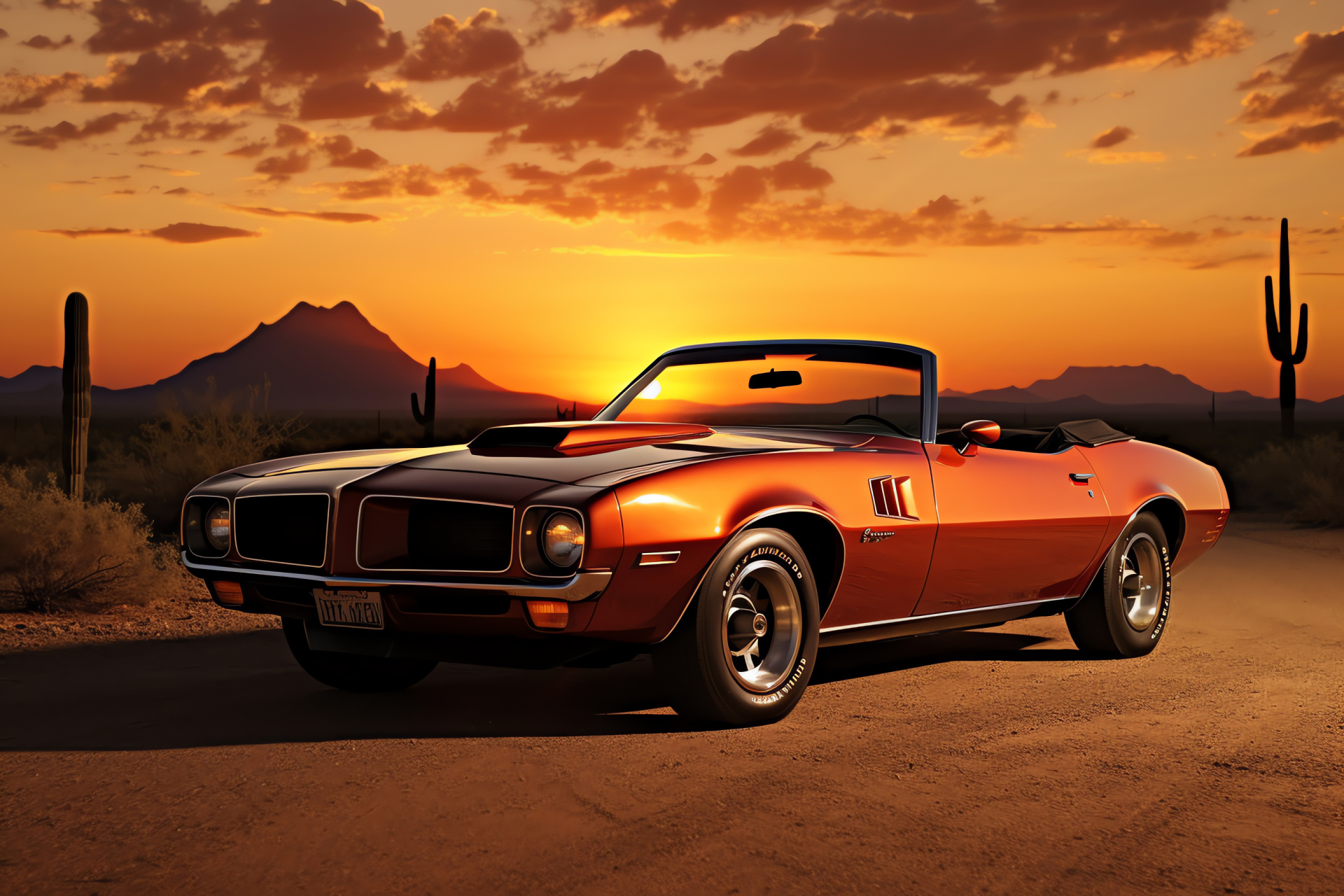 Trans Am GTA Convertible, Route 66 journey, Arizona's desert beauty, Sunset horizon, Convertible freedom, HD Desktop Wallpaper