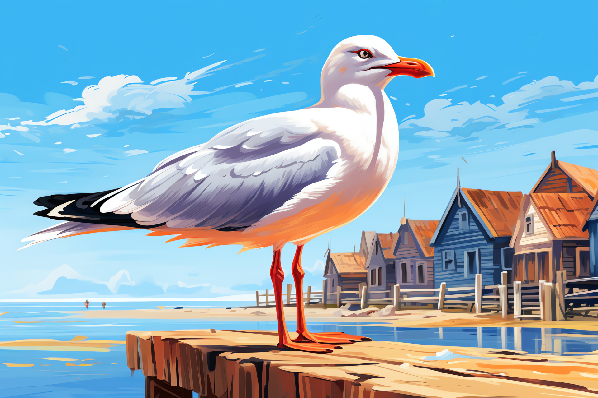 Confident Seagull, Wooden dock resident, Alert bird, Orange-eyed gull, Aquatic backdrop, HD Desktop Wallpaper
