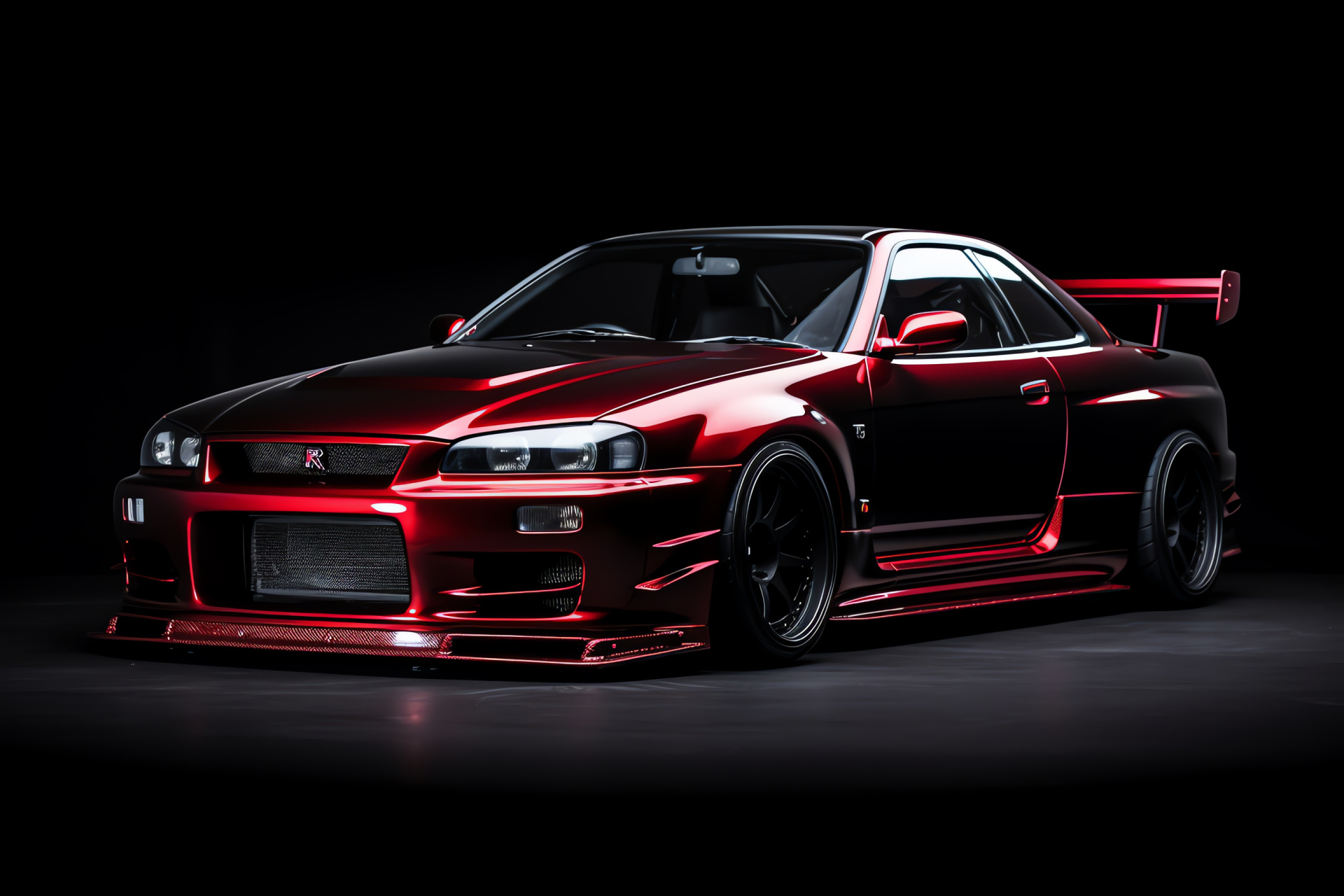 Nissan Skyline GTR R33, Deep red allure, Stark black canvas, Ultra-sporty presentation, Racing heritage, HD Desktop Wallpaper