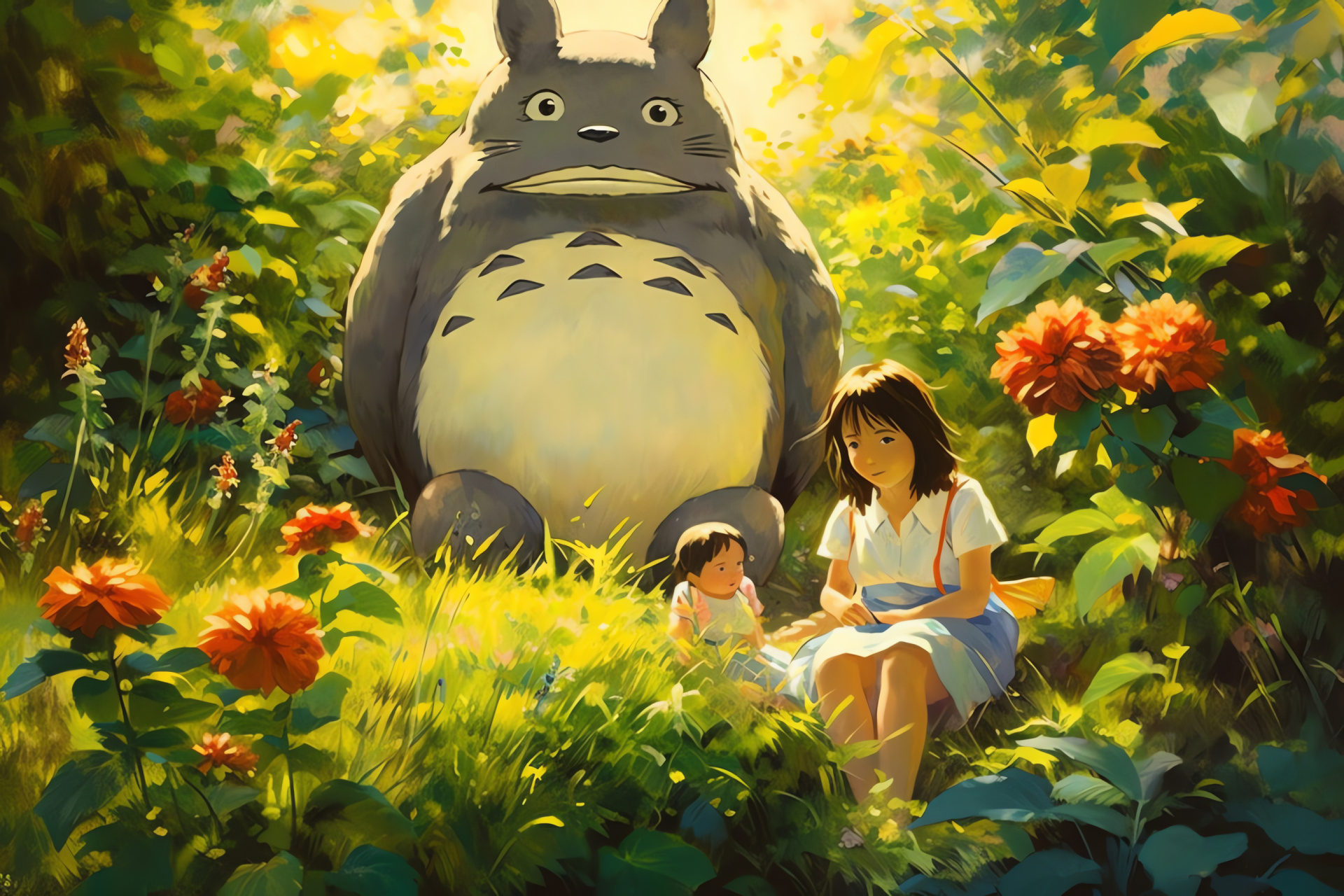 Animated film scene, Satsuki and Mei, Totoro's companions, Planting scene, Studio Ghibli animation, HD Desktop Image