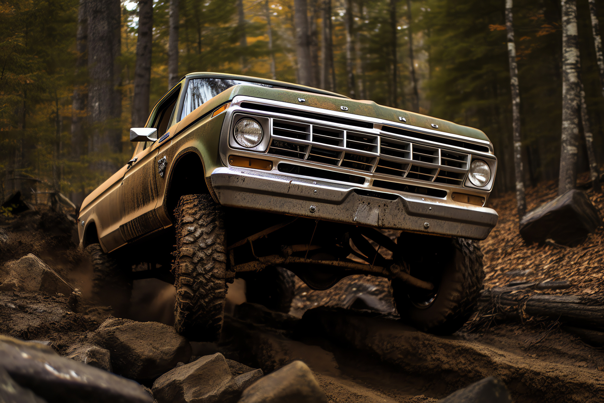 Tough Ford pickup, Mountainous setting, Modified suspension, All-terrain wheel gear, Mud adventure truck, HD Desktop Wallpaper