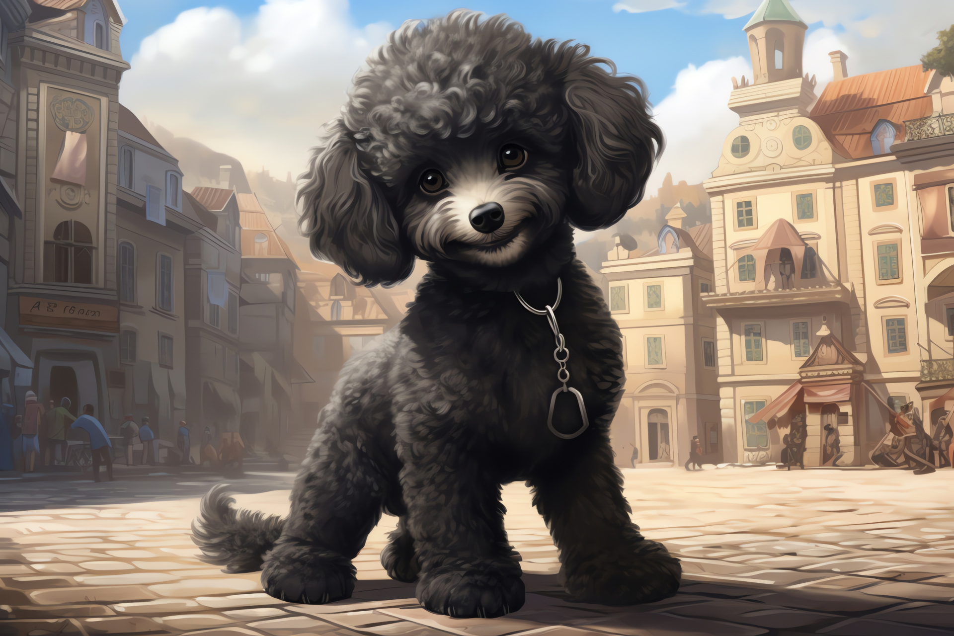 Poodle breed, dark fur, urban animal, elegant grooming, high-angle canine, HD Desktop Wallpaper