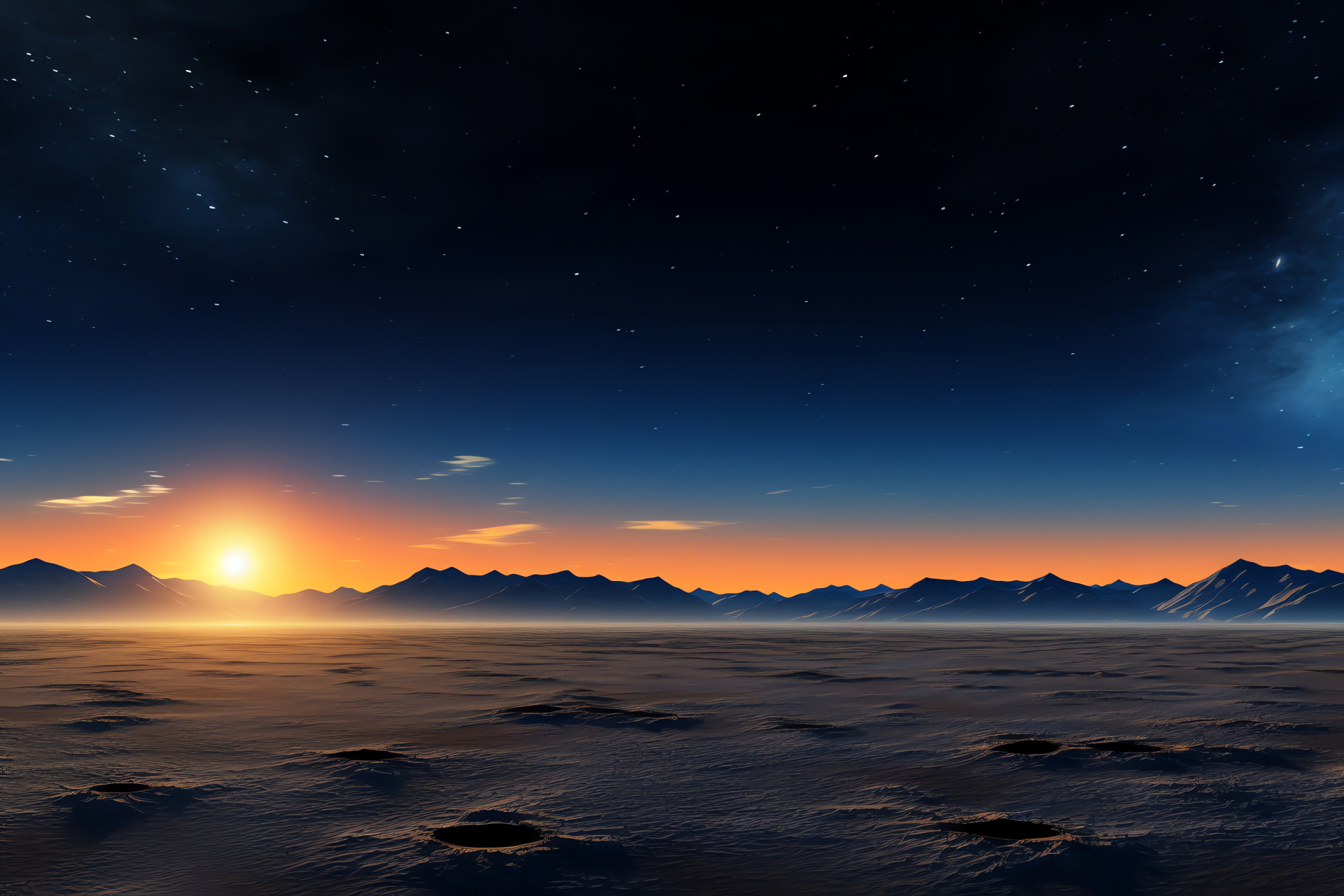 Celestial conjunction wonder, expansive panorama, space's majesty, ethereal blue, solar gold, HD Desktop Image