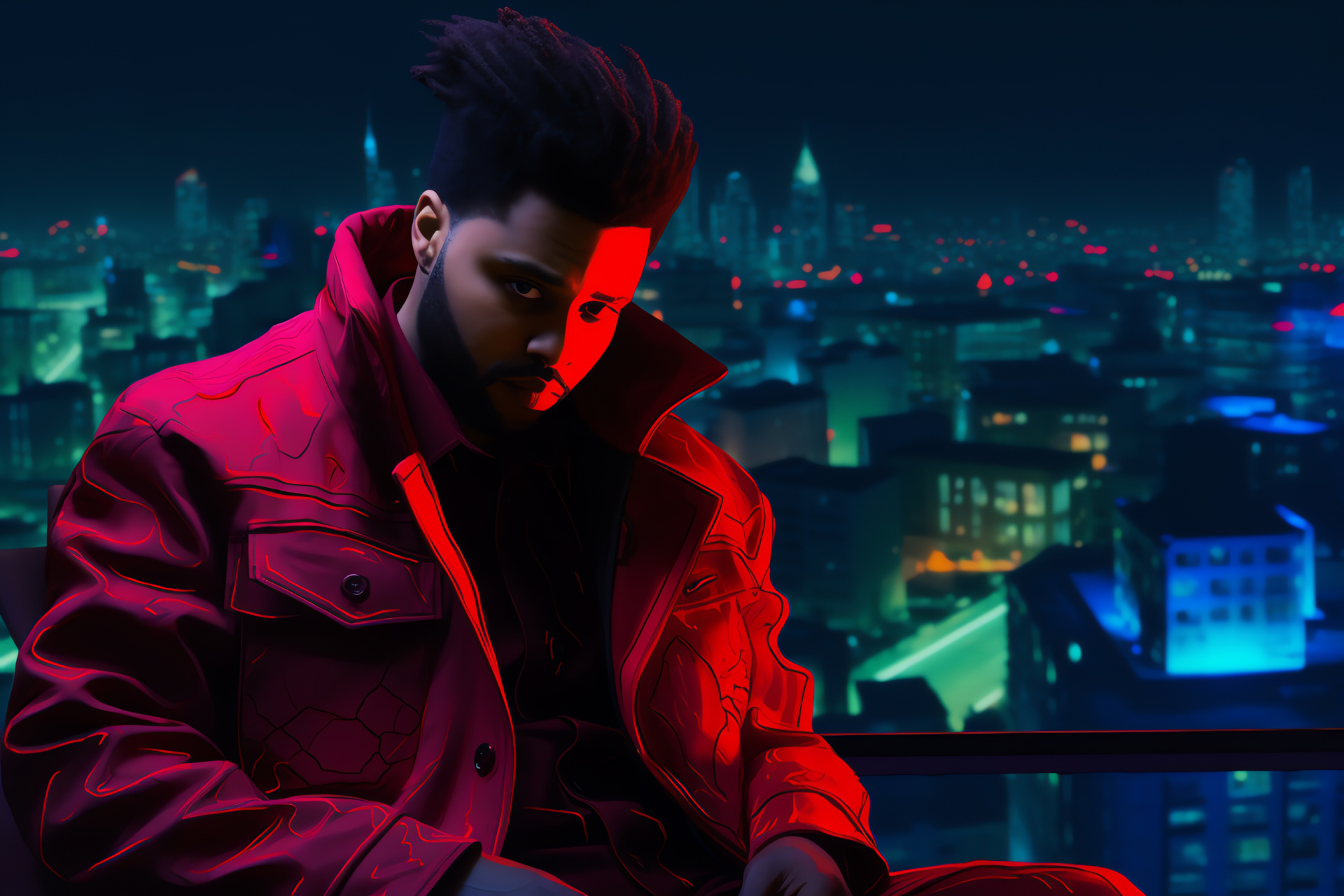 Celebrity The Weeknd, Illuminated urban setting, Buzzing metropolis, Elevated scene, Nighttime glimmer, HD Desktop Image