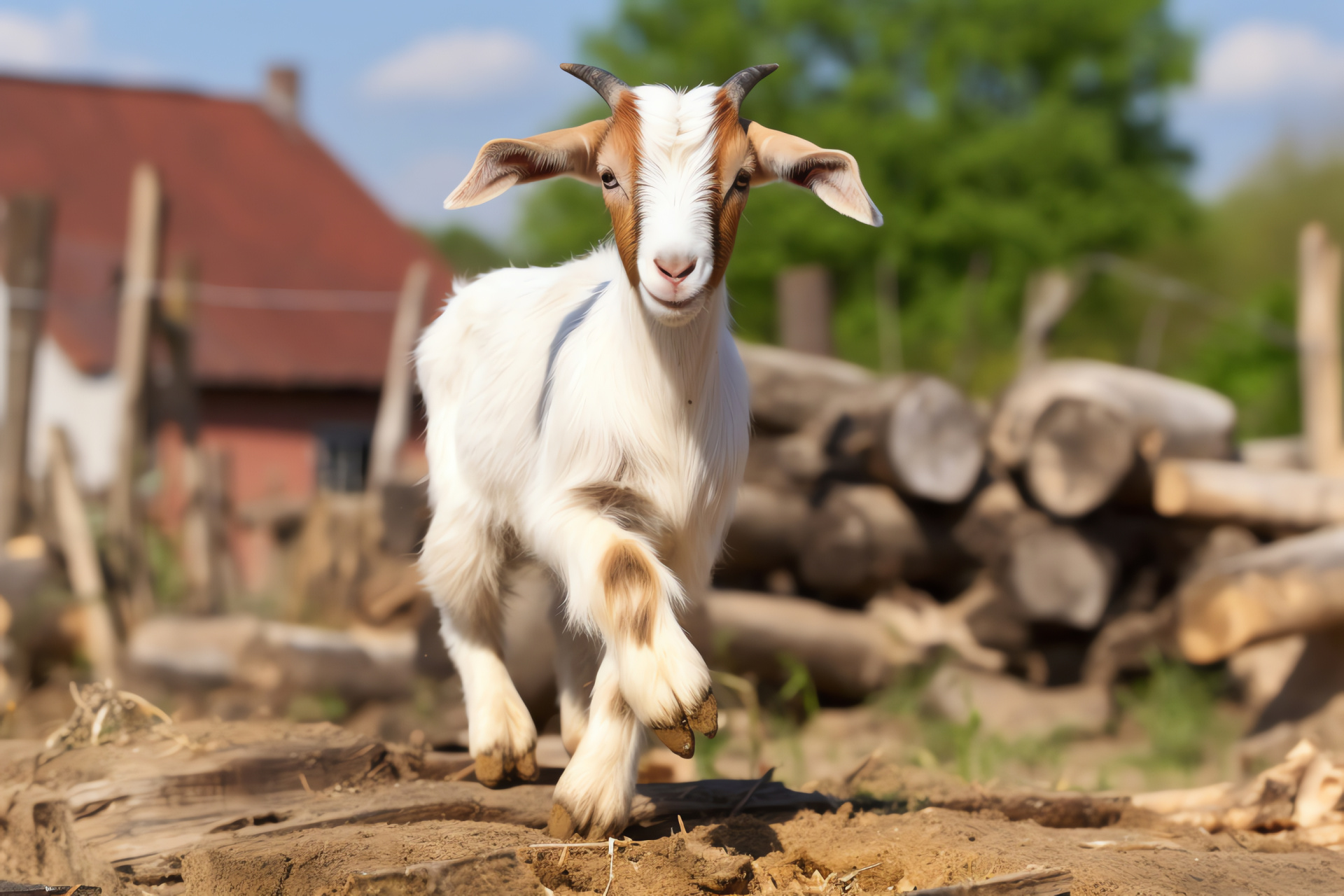 Farm goat trail, domesticated animal, barnyard hoof print, pastoral environment, curious gaze, HD Desktop Wallpaper