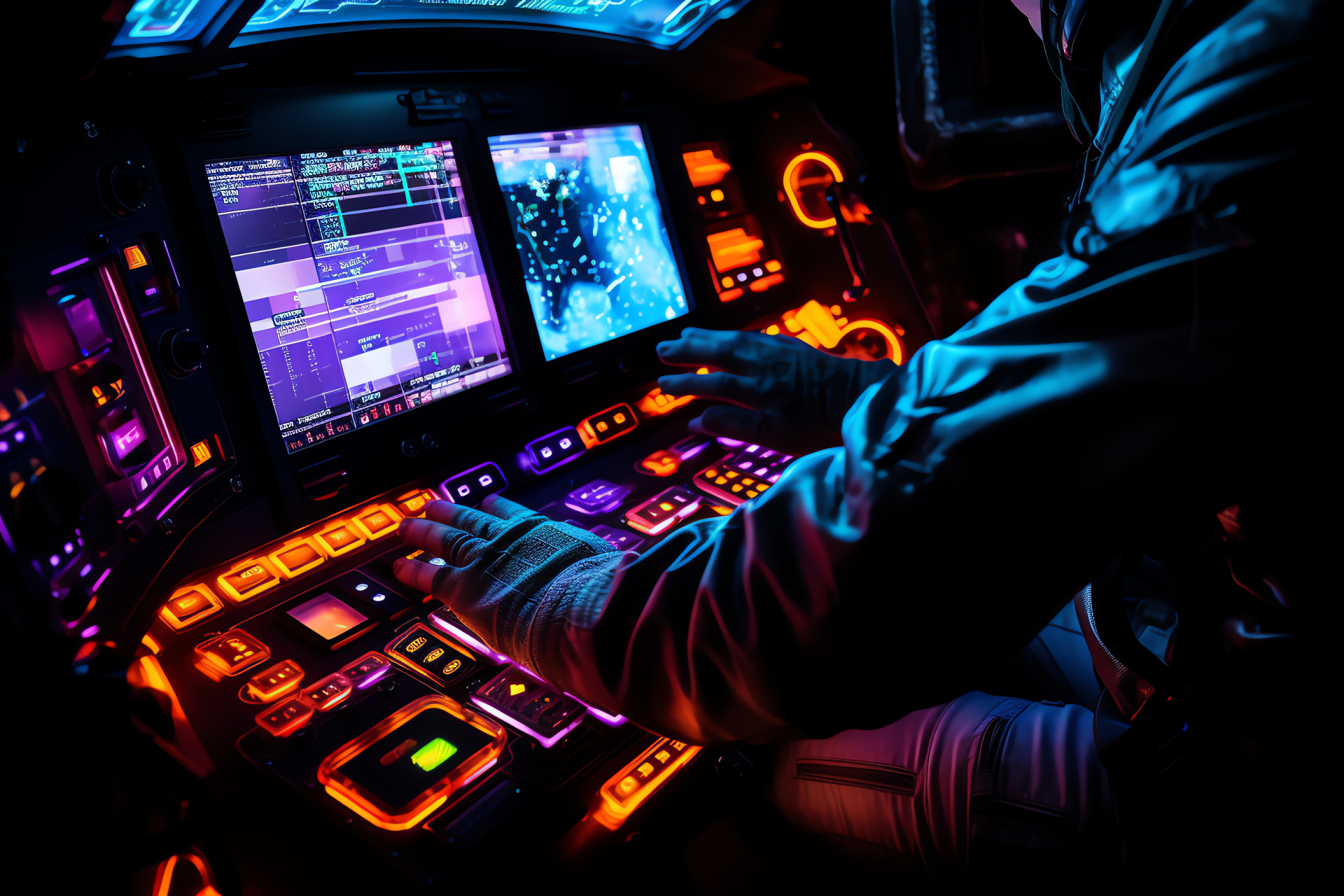 Shuttle operator's view, Flight command tech, Luminous cockpit space, Interactive orbit controls, Astronautical data, HD Desktop Wallpaper
