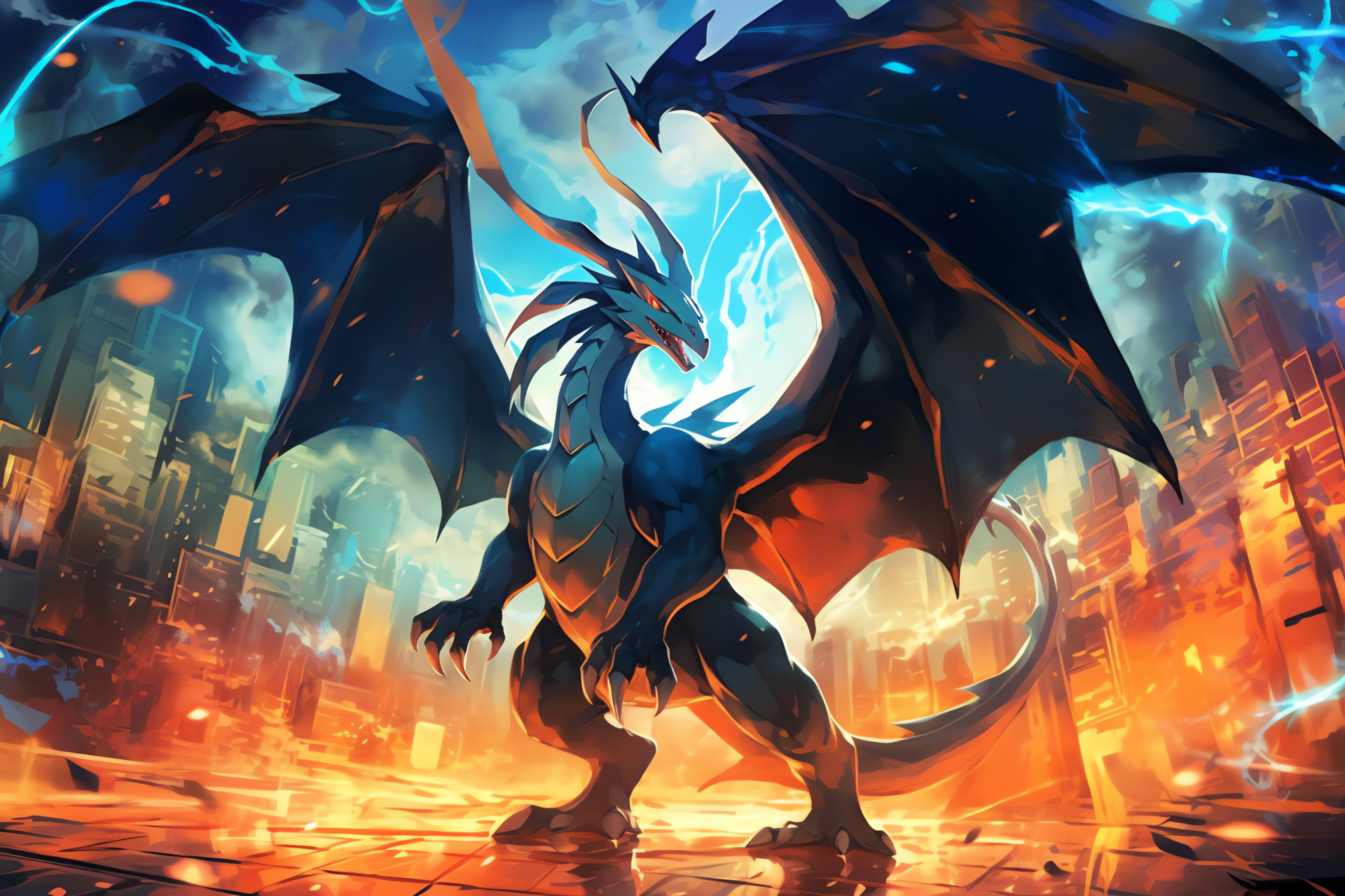 Mega Charizard figure, Autumn-hued scales, Sharp blue eyed look, Wing extension art, Battle-ready focus, HD Desktop Image