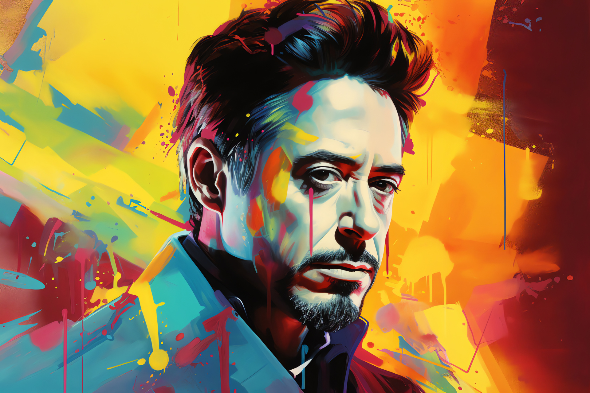 Robert Downey Jr as Iron Man, Superhero stance, Confident gaze, Armored role, Legendary character, HD Desktop Image