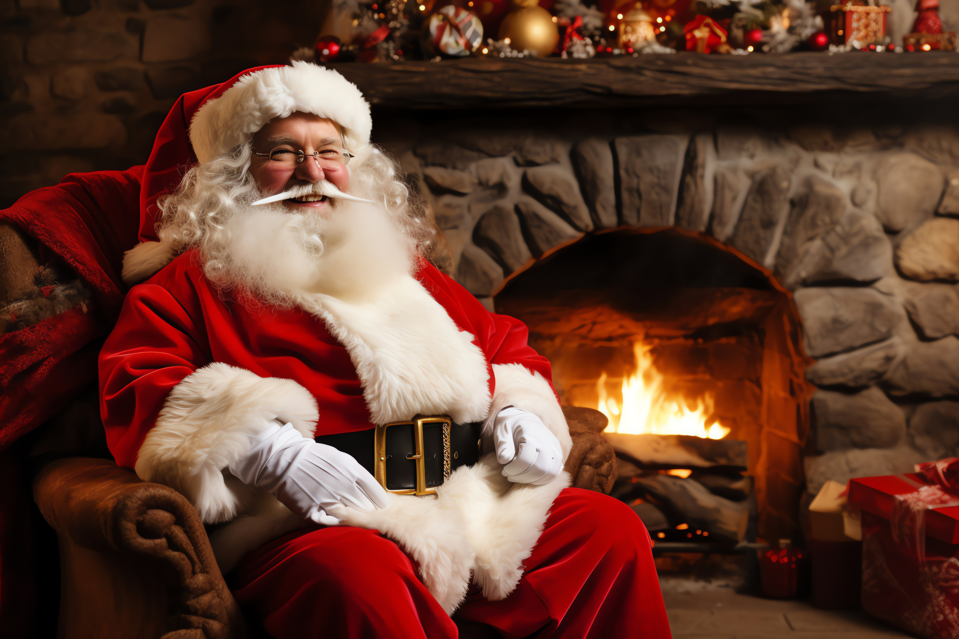 Yule figure at hearth, Homely chamber, Glacial exterior scenes, Fireplace murmurs, Ebony backdrop, HD Desktop Wallpaper