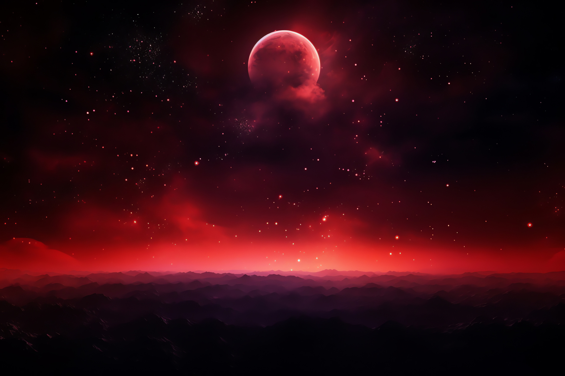 Moon with crimson touch, Horizon-bound satellite, Mysterious lunar allure, Celestial crimson tone, Reddish moonlight, HD Desktop Image