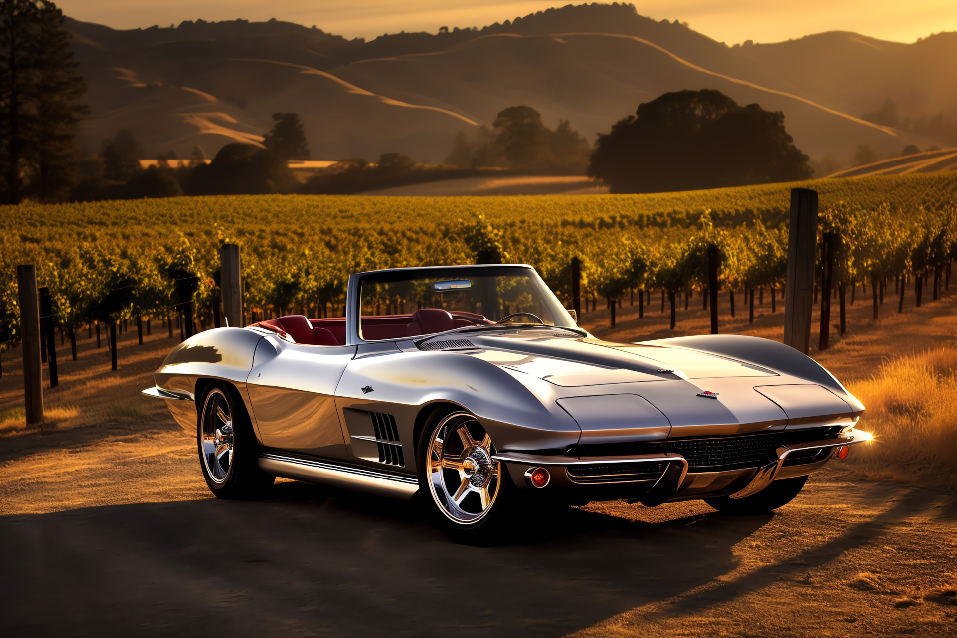 Classic Chevrolet Corvette, Napa Valley journey, Convertible sports car, Silver vintage auto, Vineyard scenery, HD Desktop Wallpaper