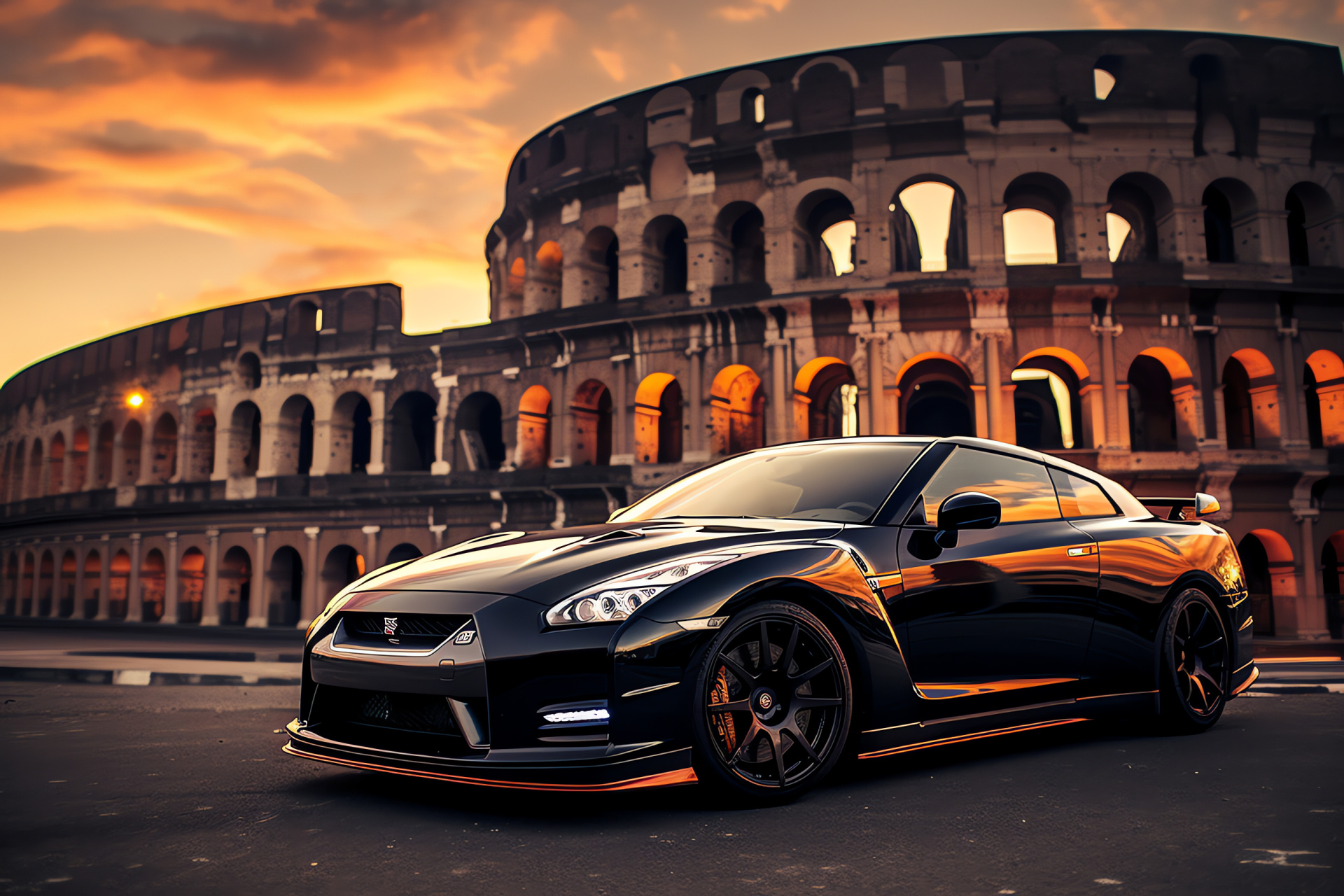 Nissan GTR, Rome streets, historical monuments, Italian heritage, Roman culture, HD Desktop Image