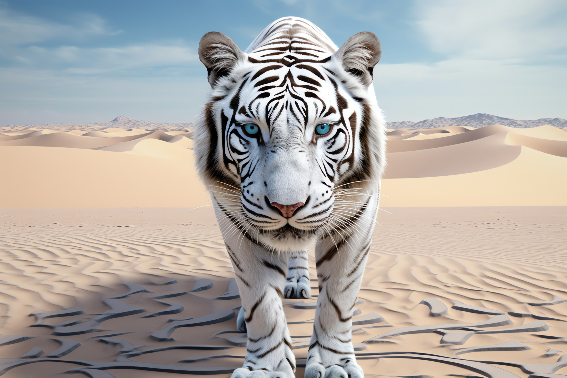 White Tiger, Turquoise vision, Desert expanse, Patterned skin, Big cat presence, HD Desktop Wallpaper