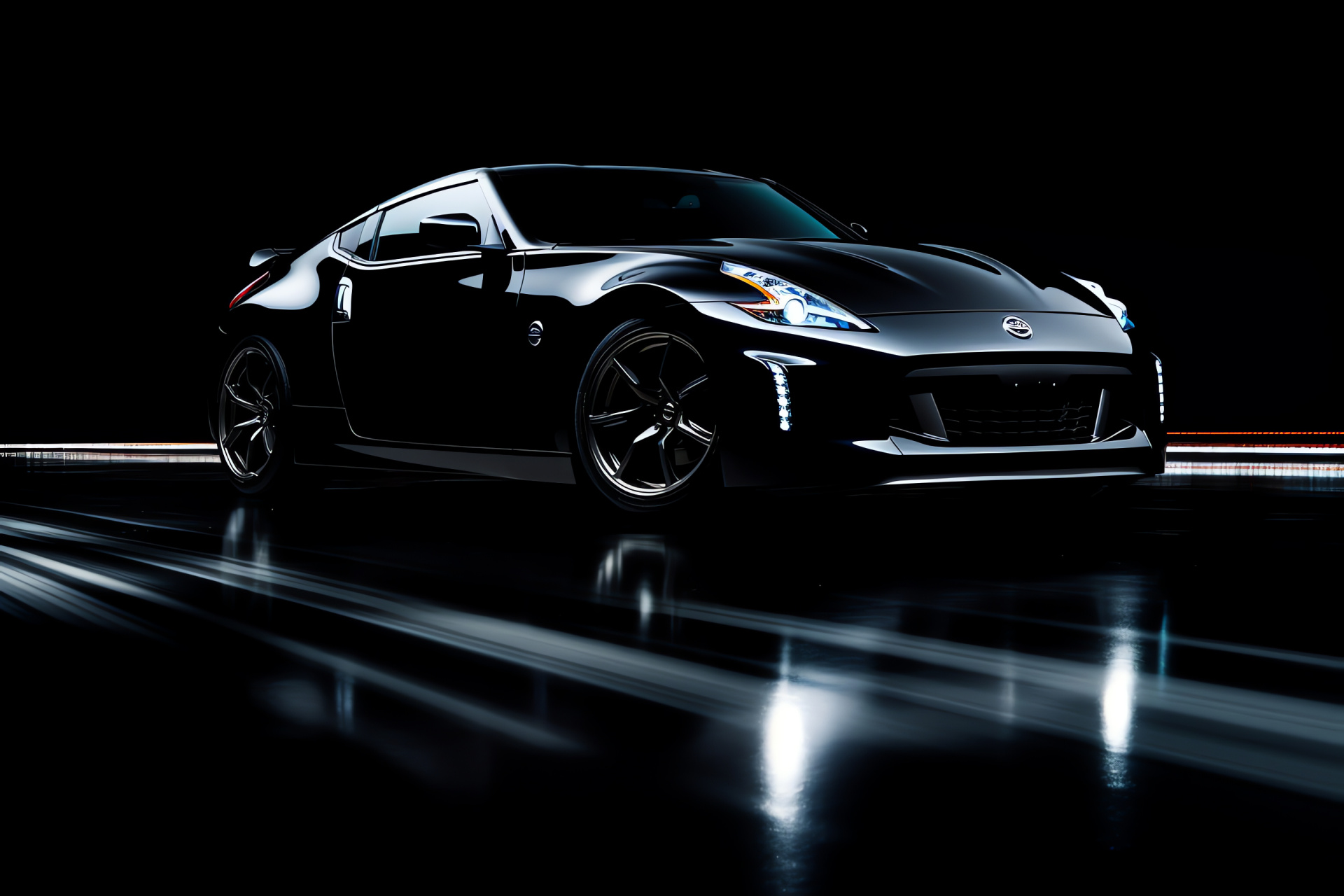 Sleek Nissan 370Z, Broad shot, Monochromatic scheme, Saturation, Light trails, HD Desktop Wallpaper