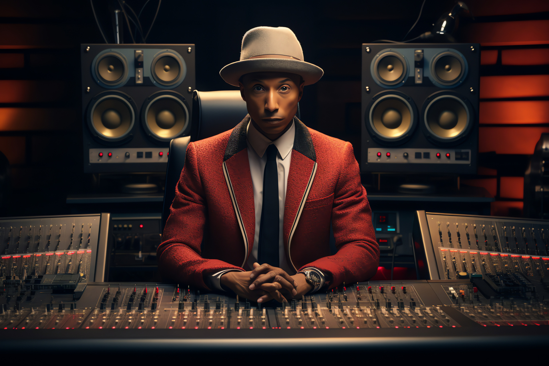 Music innovator Pharrell, Recording artist, Sound engineering, Producer's booth, Audio equipment, HD Desktop Image