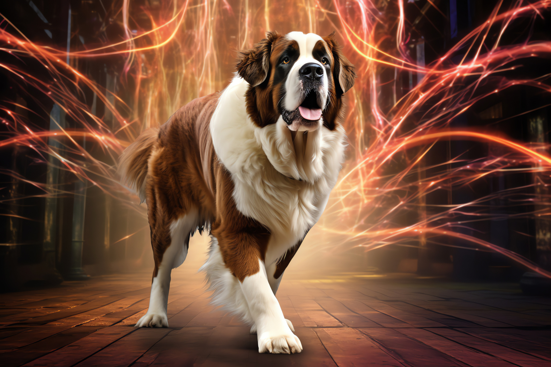 Mountain dog St. Bernard, Reflective orbs, Fluffy fur layers, Spirited animal, Luminous backdrop, HD Desktop Image