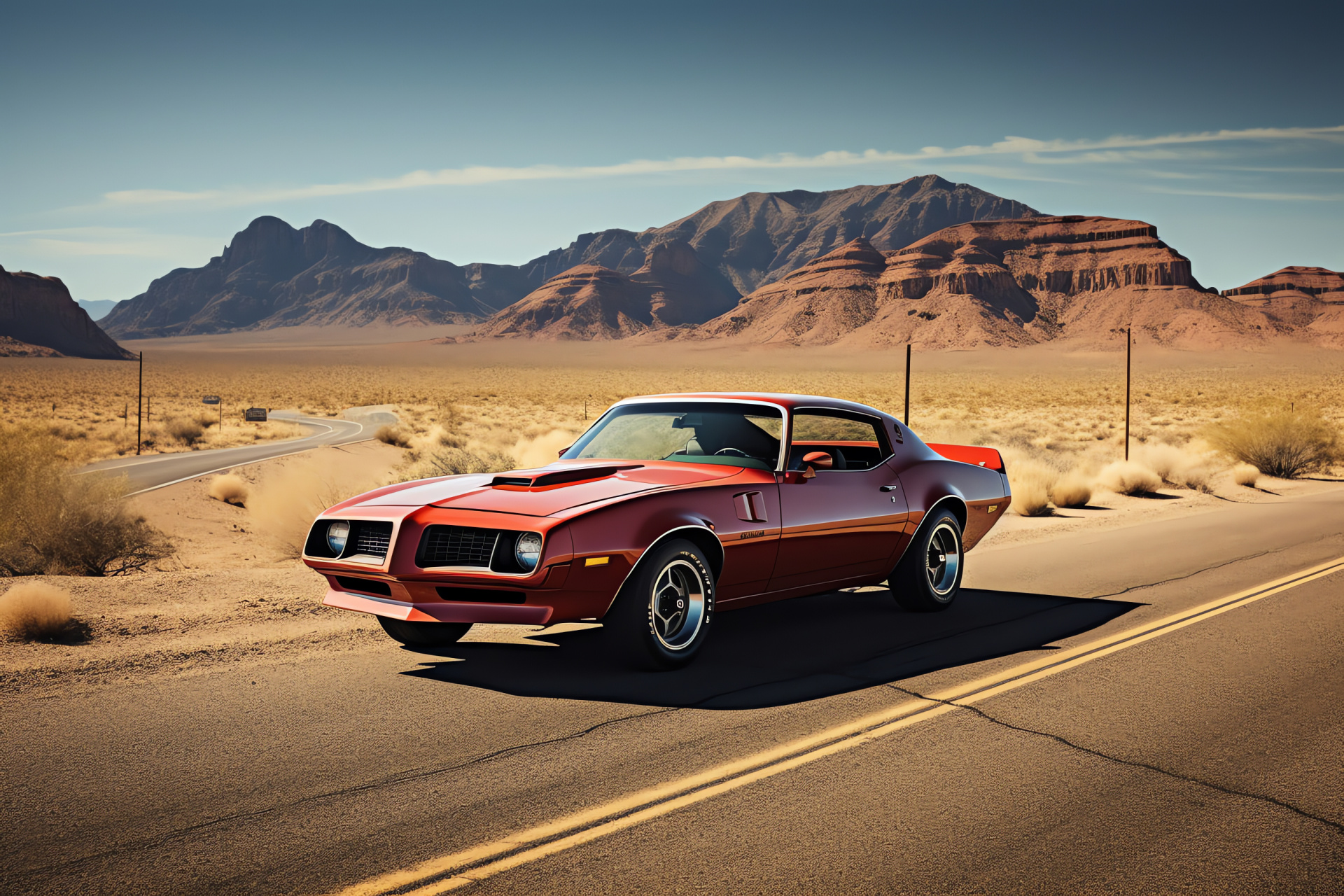 Pontiac Firebird on the highway, Muscle Car in desert terrain, Trans Am icon, Panoramic mountain views, American road legend, HD Desktop Wallpaper
