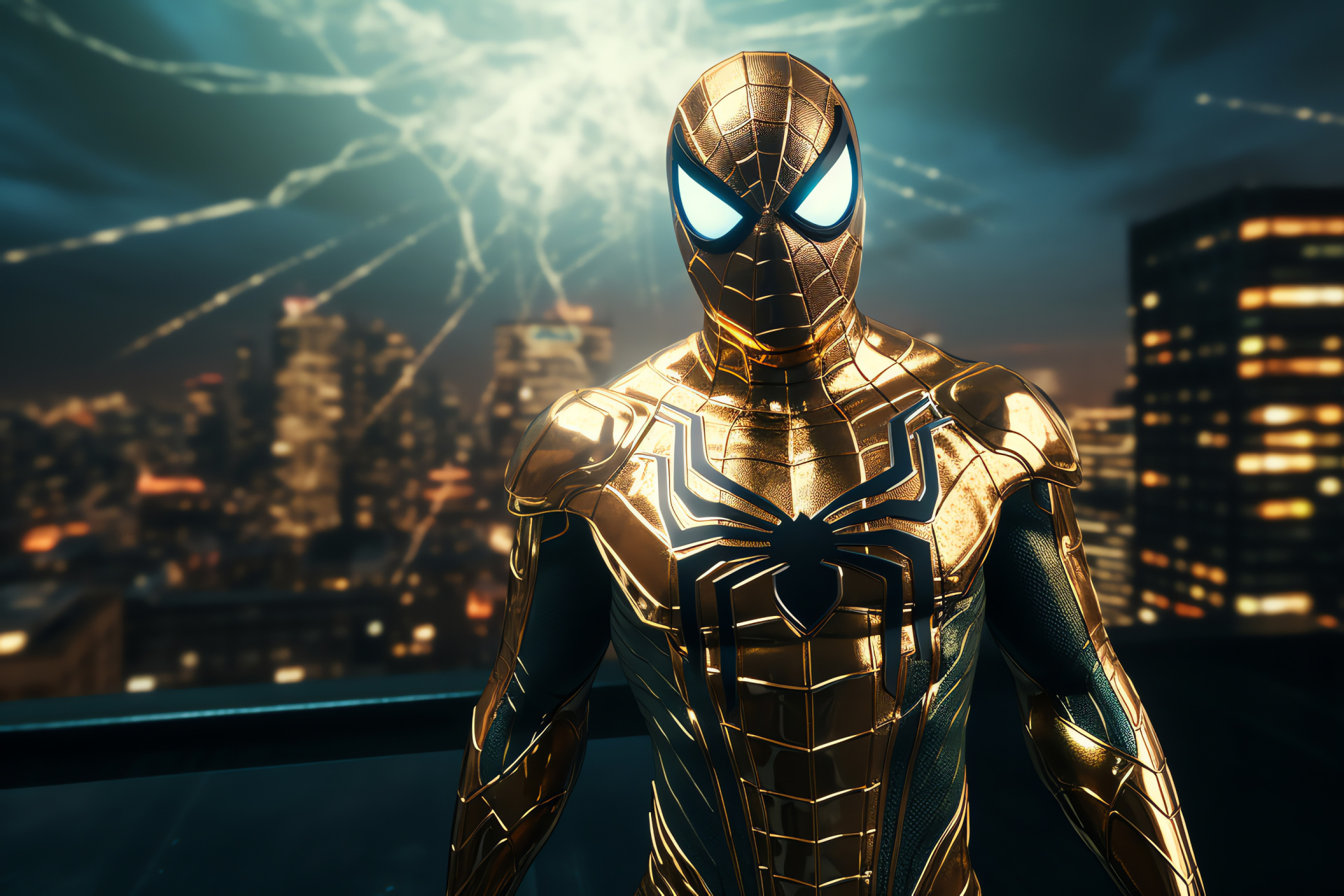 Spiderman character, Gleaming wear, Structural tower, Nocturnal city glow, Reflective skyline, HD Desktop Image