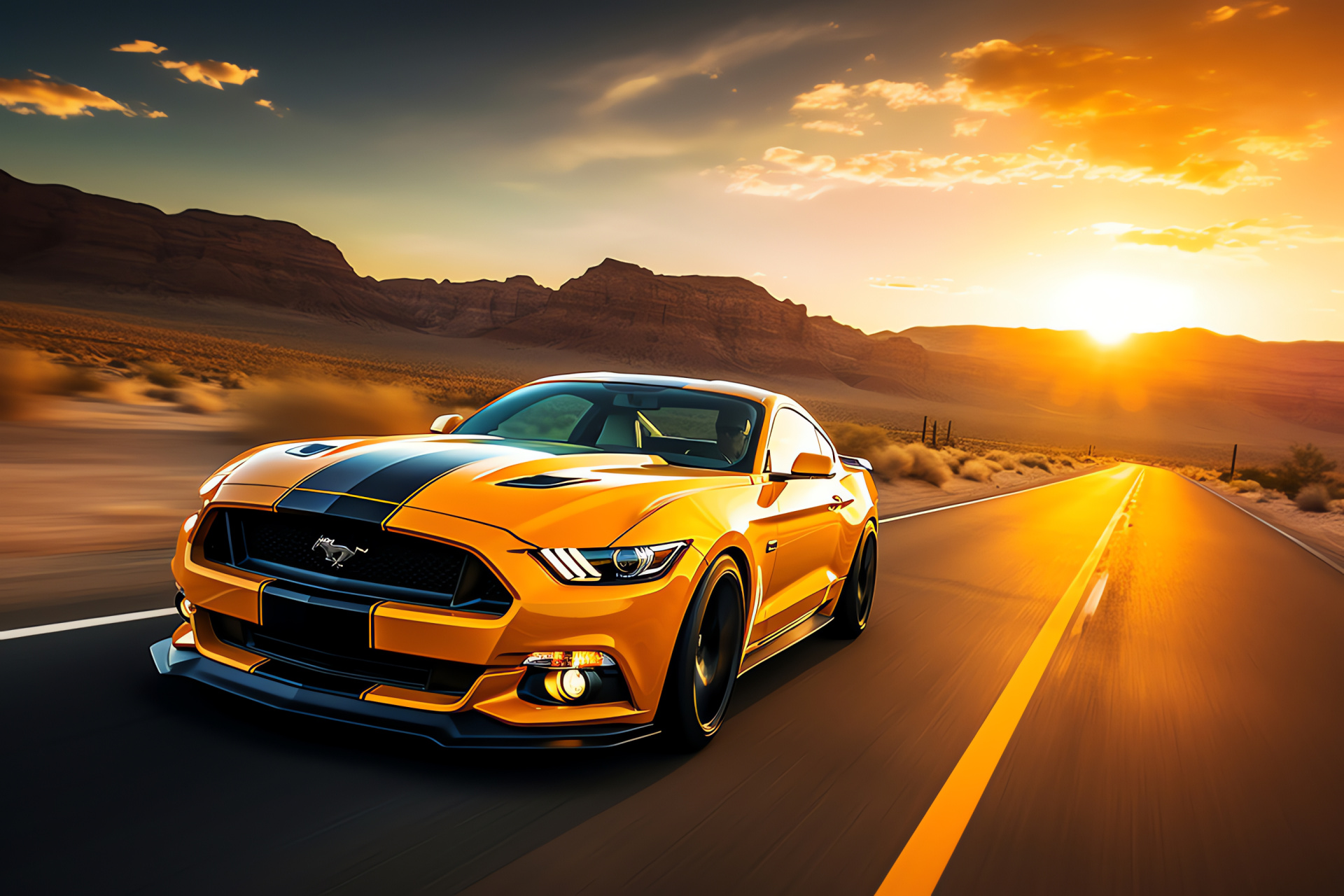 Ford Mustang, Route 66 legend, American power car, Barren vista, Sunset brilliance, HD Desktop Image