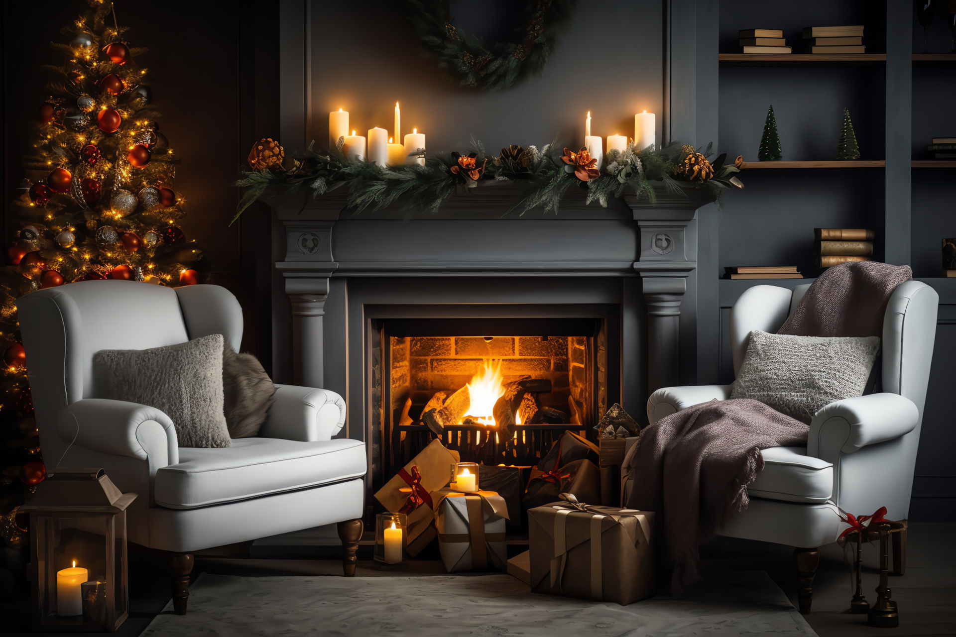 Holiday interior, festive embellishments, hearth warmth, Yuletide illumination, Seasonal tradition, HD Desktop Wallpaper