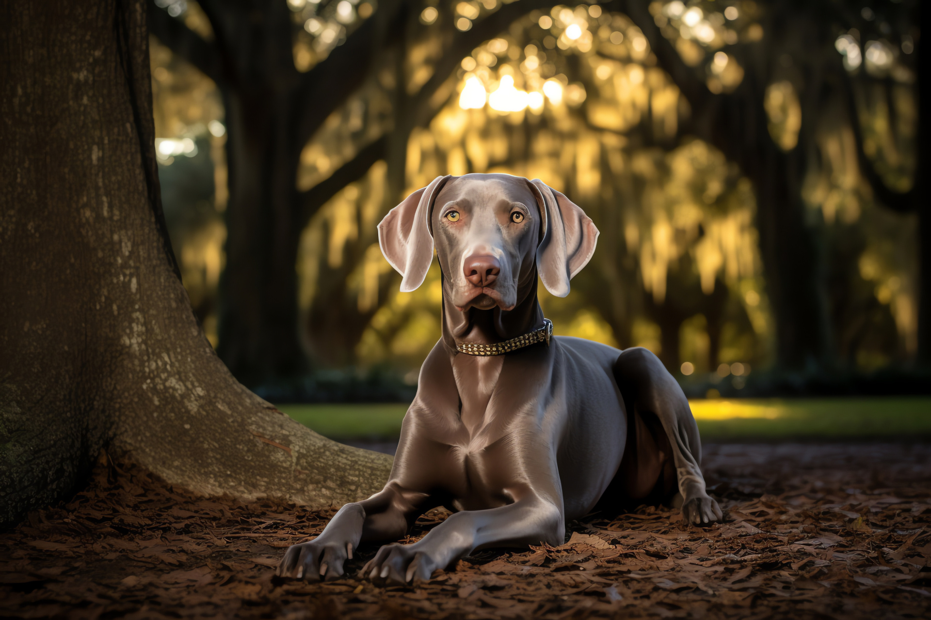 Weimaraner dog, forest backdrop, domestic pet, intelligent breed, poised hunter, HD Desktop Image