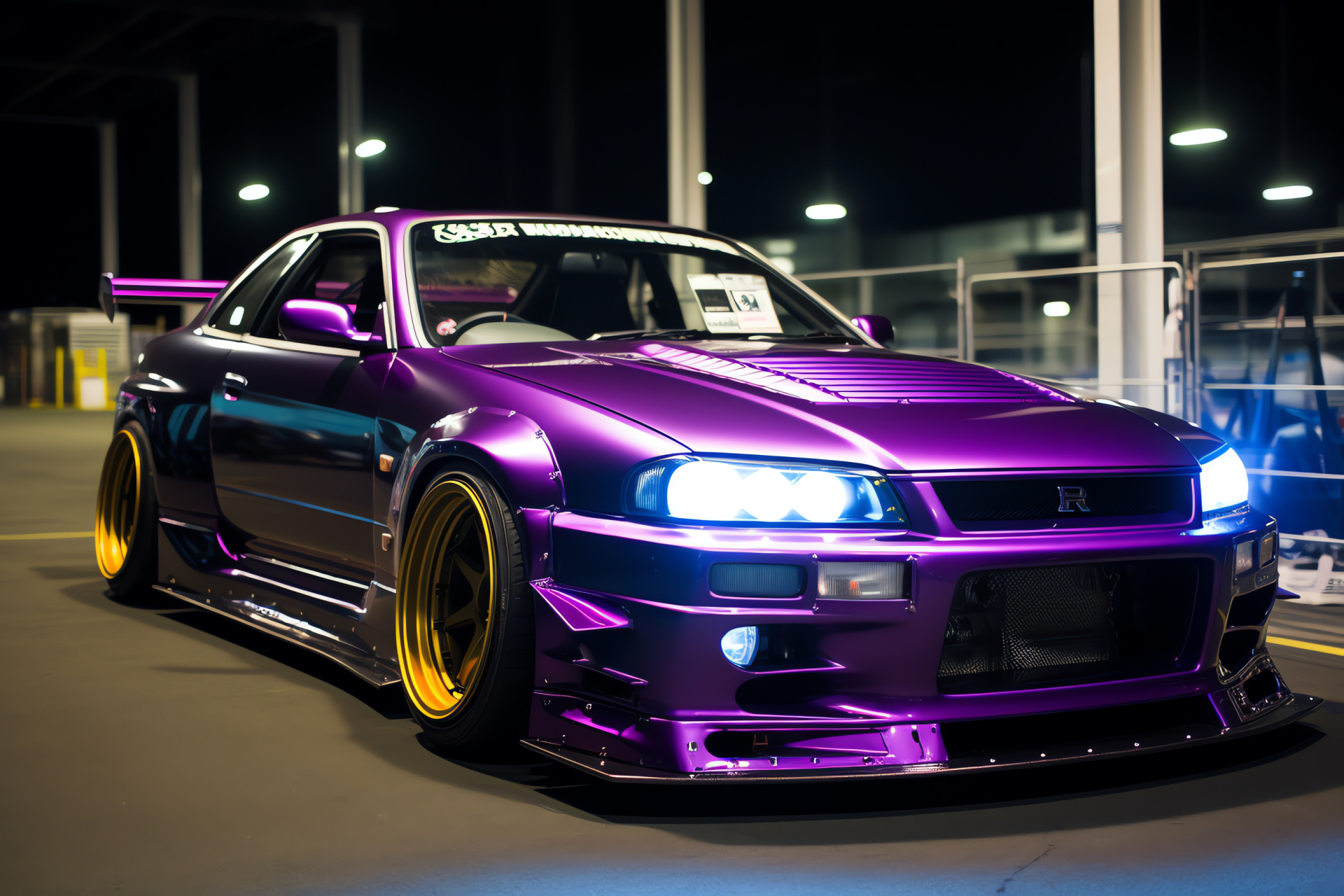 Nissan Skyline GTR R33, Fuji nights, Midnight purple sheen, Track-ready kit, Spoiler for performance, HD Desktop Image