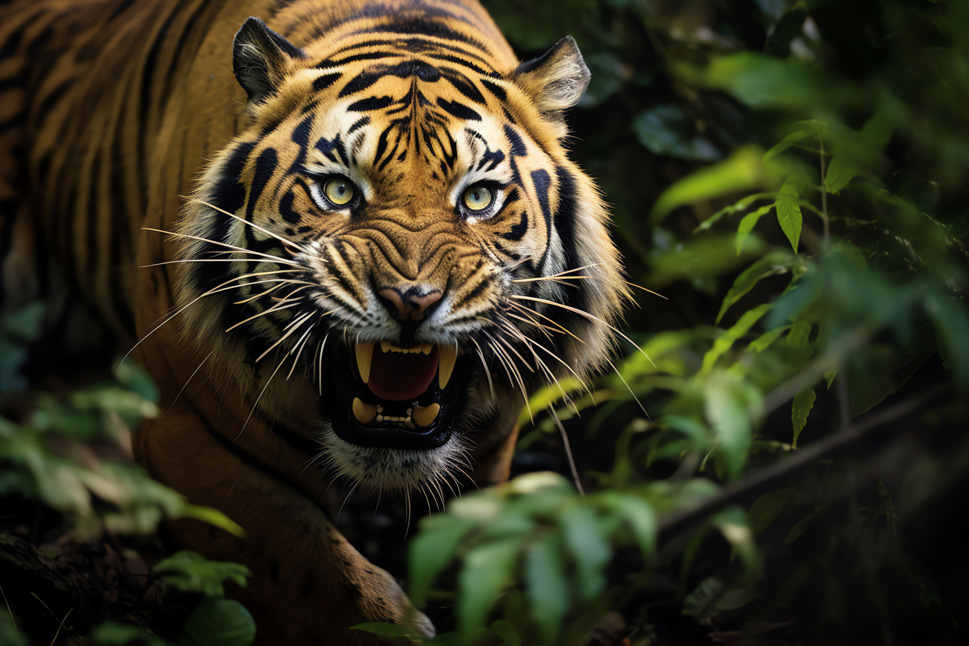 Saber Tooth Tiger, Smilodon cub, Prehistoric wildlife, Young predator, Jungle environment, HD Desktop Wallpaper