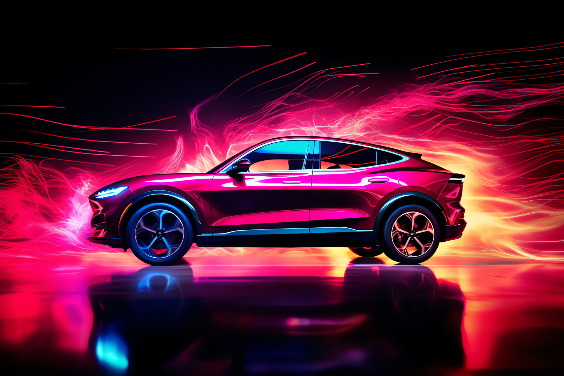Muscle car energy, Electric-hued art context, Automotive side view, Neon glow, Energetic performance, HD Desktop Image