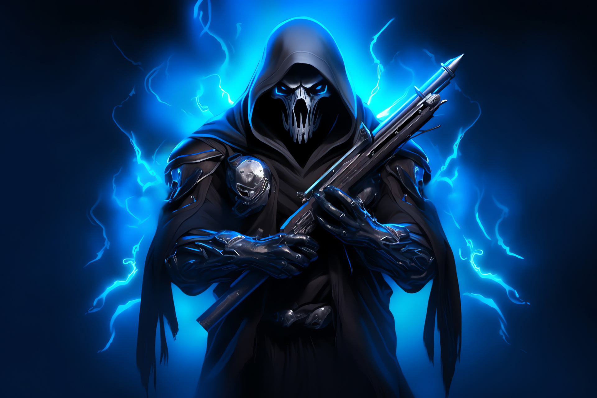 Reaper Overwatch entity, Shadowy game figure, Emblematic role, Armed aggression, Monochromatic expanse, HD Desktop Image