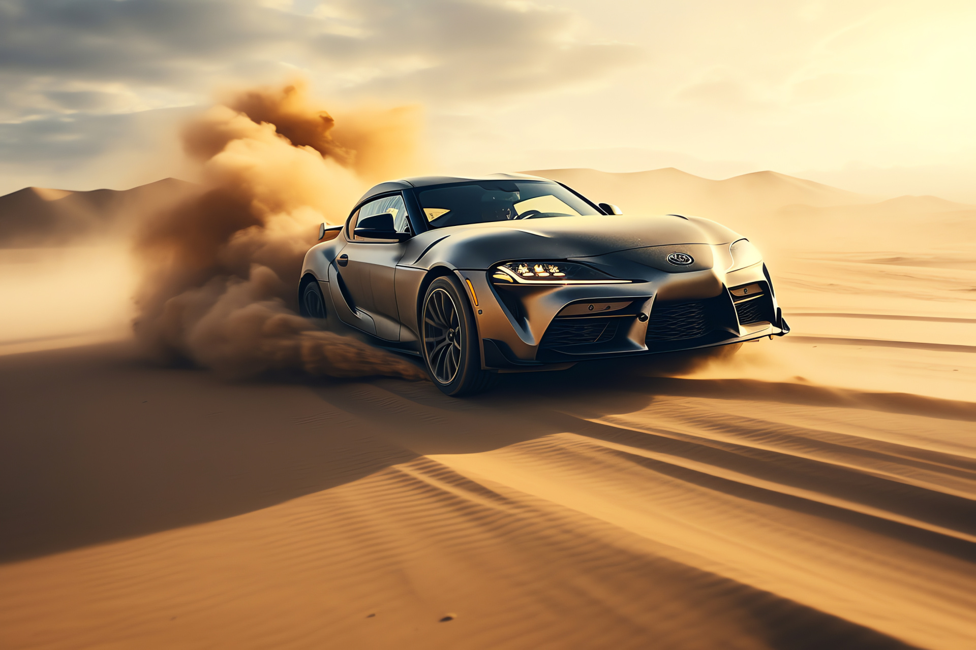 Toyota Supra GR A90, Desert performance, Sand dune exploration, Sunset hue reflection, Sports car elegance, HD Desktop Image