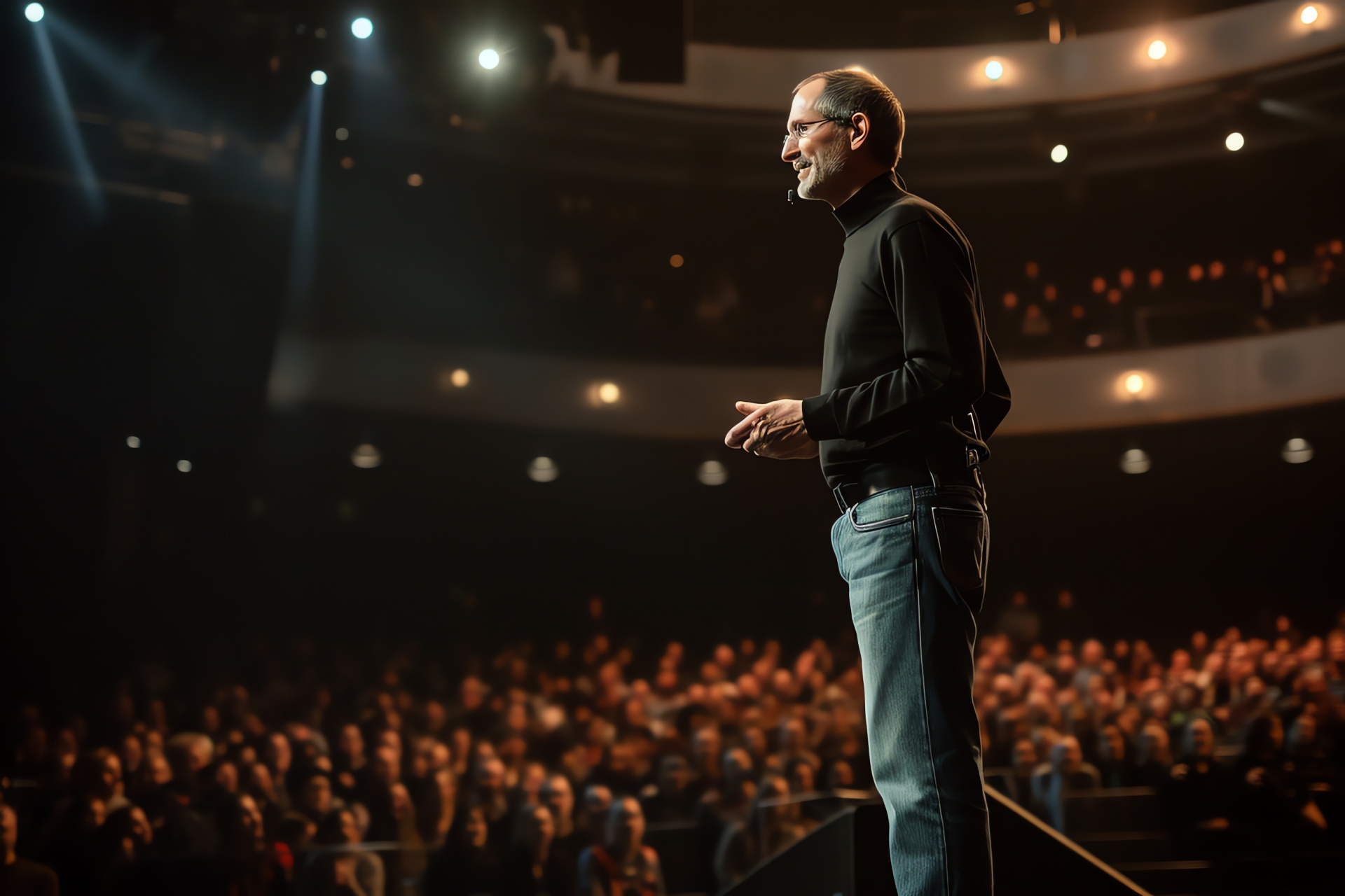 Steve Jobs presenting, Iconic attire, Apple Inc speaker, Silicon Valley legend, Business inspiration, HD Desktop Wallpaper