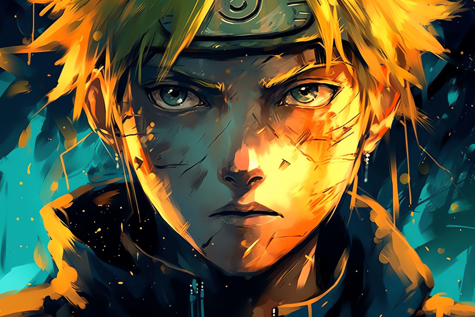 Minato Namikaze figure, Dual-tone backdrop, Ninja character with blond hair, Blue-eyed Hokage, Heroic cloak attire, HD Desktop Wallpaper