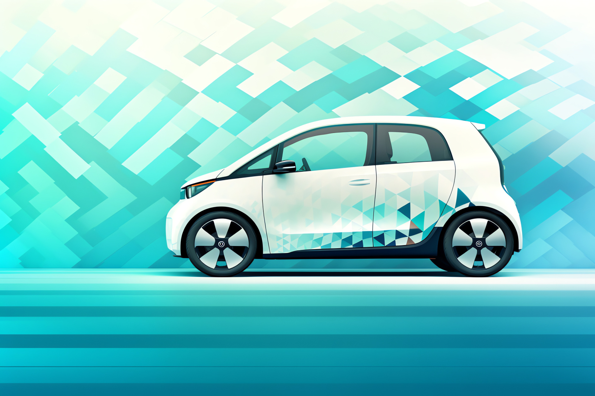 Smart Car Volkswagen ID.3, Urban electric vehicle, Two-tone paint, Cleancut design, Geometric backdrop, HD Desktop Wallpaper