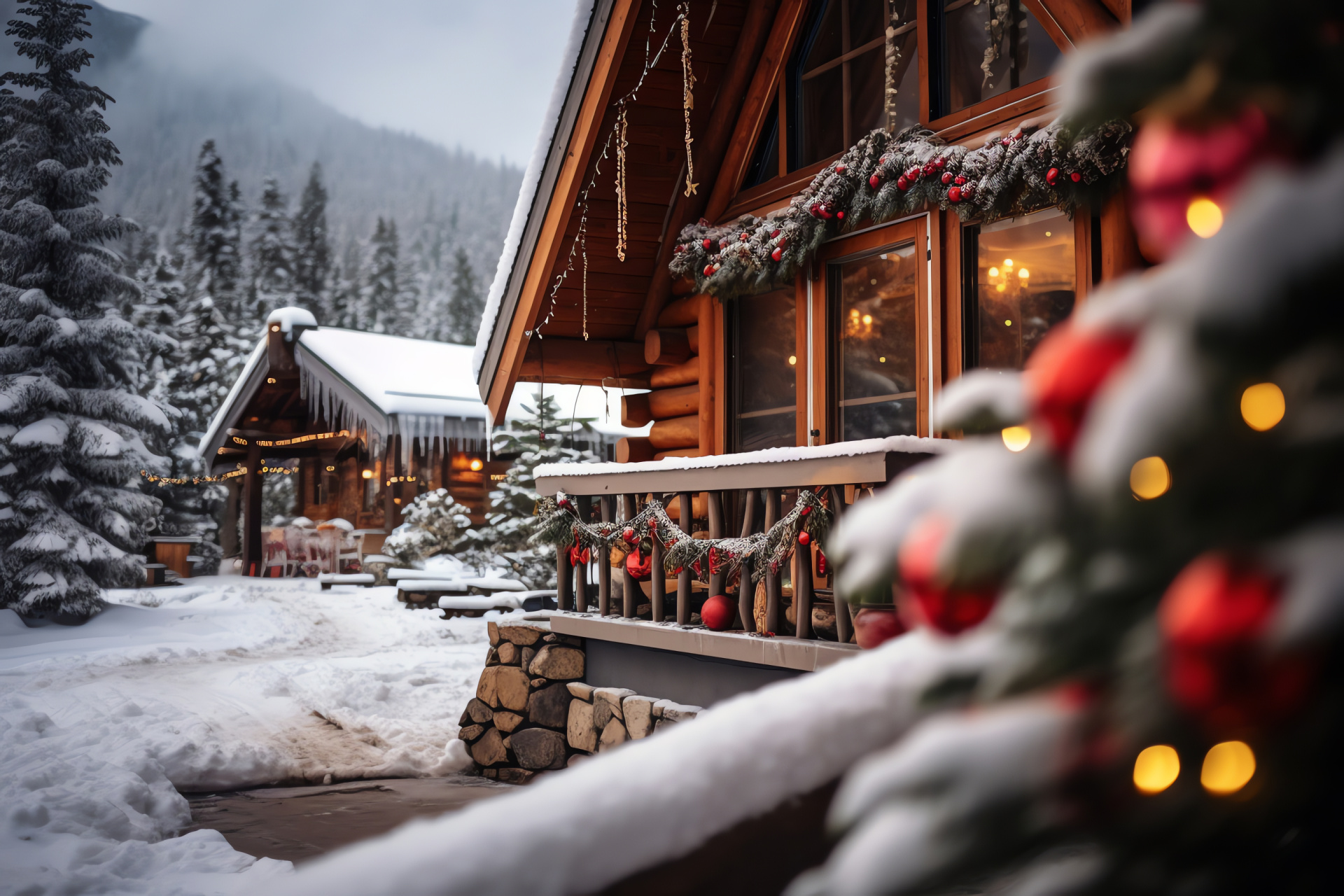 Remote rustic lodging, alpine snowfields, conifer forests, yuletide adornment, circular garlands, HD Desktop Wallpaper